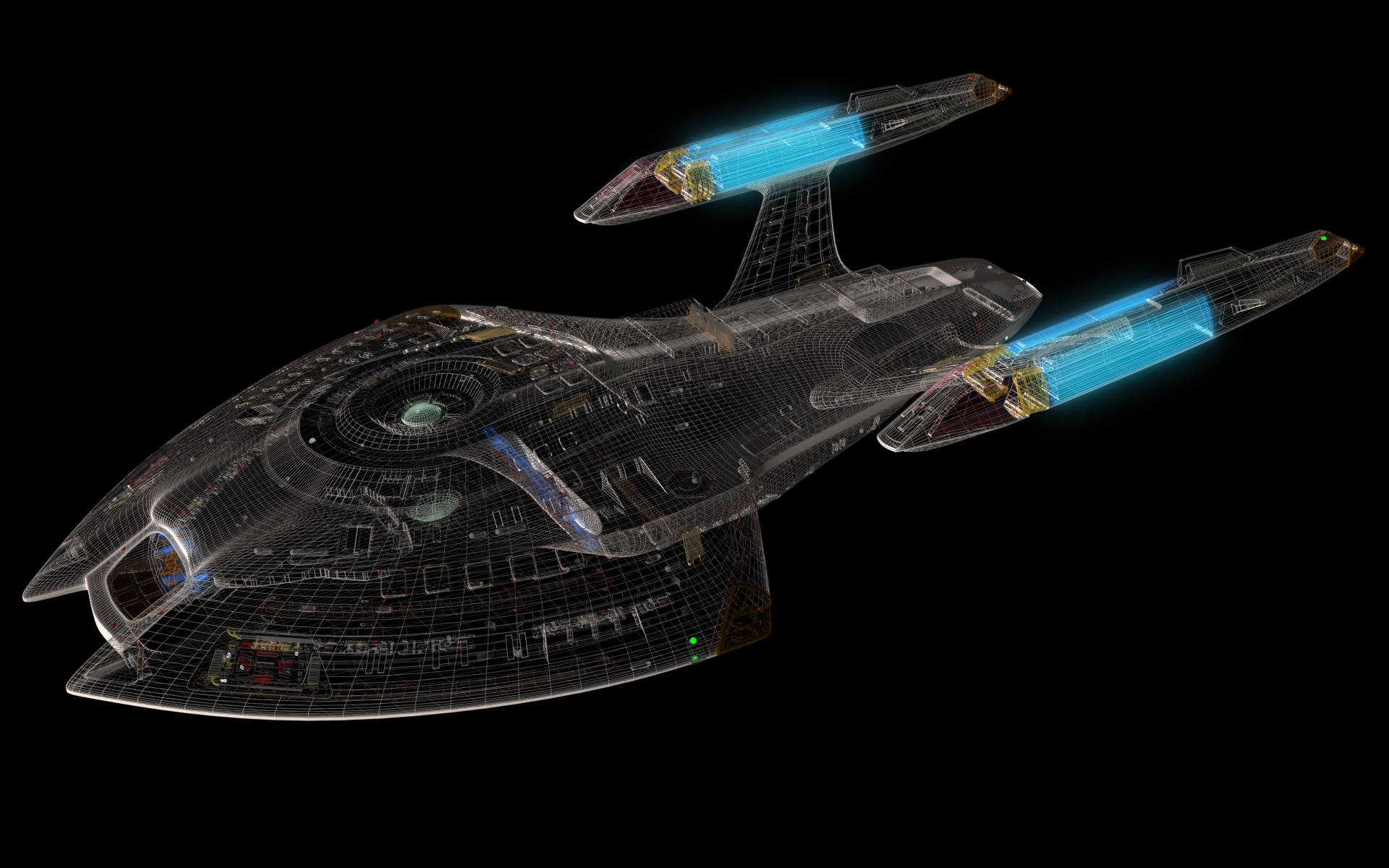 Star Trek Starship, glowing blue engines, transparent wireframe detailing, Full HD Desktop Wallpaper