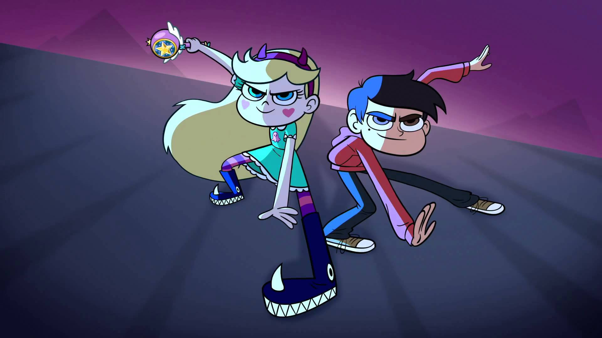 Star Vs The Forces Of Evil, dark purple gradient background, stylized mountains, Full HD Desktop Wallpaper