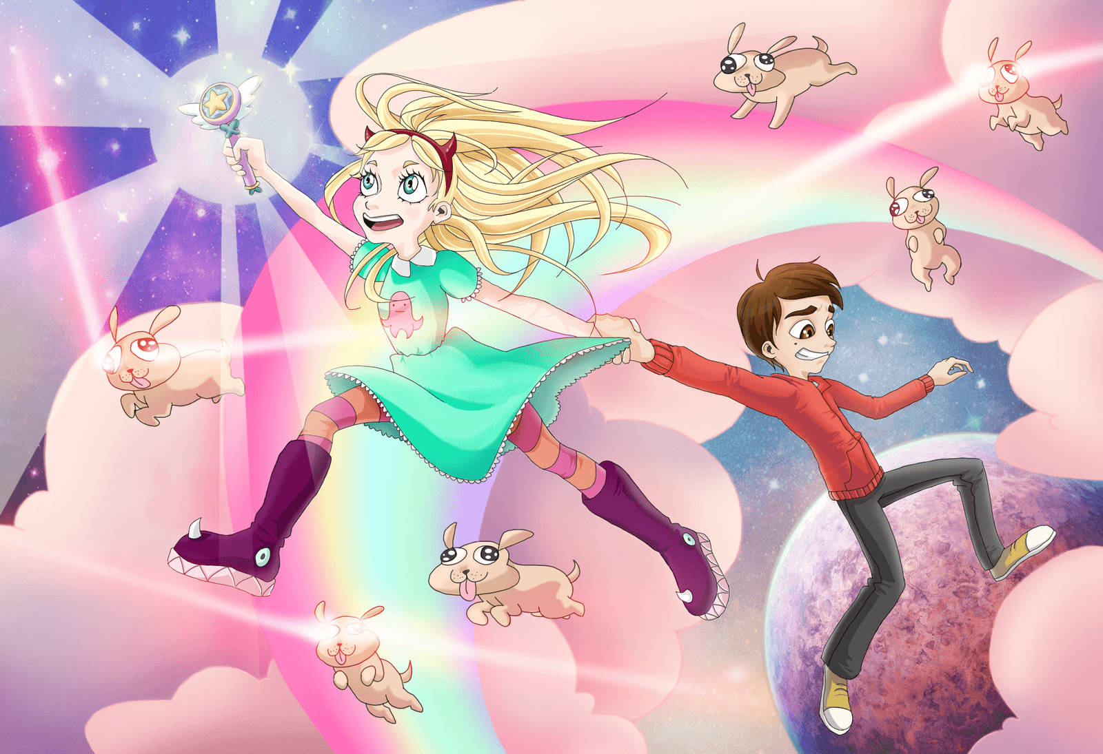 Star Vs The Forces Of Evil, cosmic rainbow, floating bunnies, HD Desktop Wallpaper