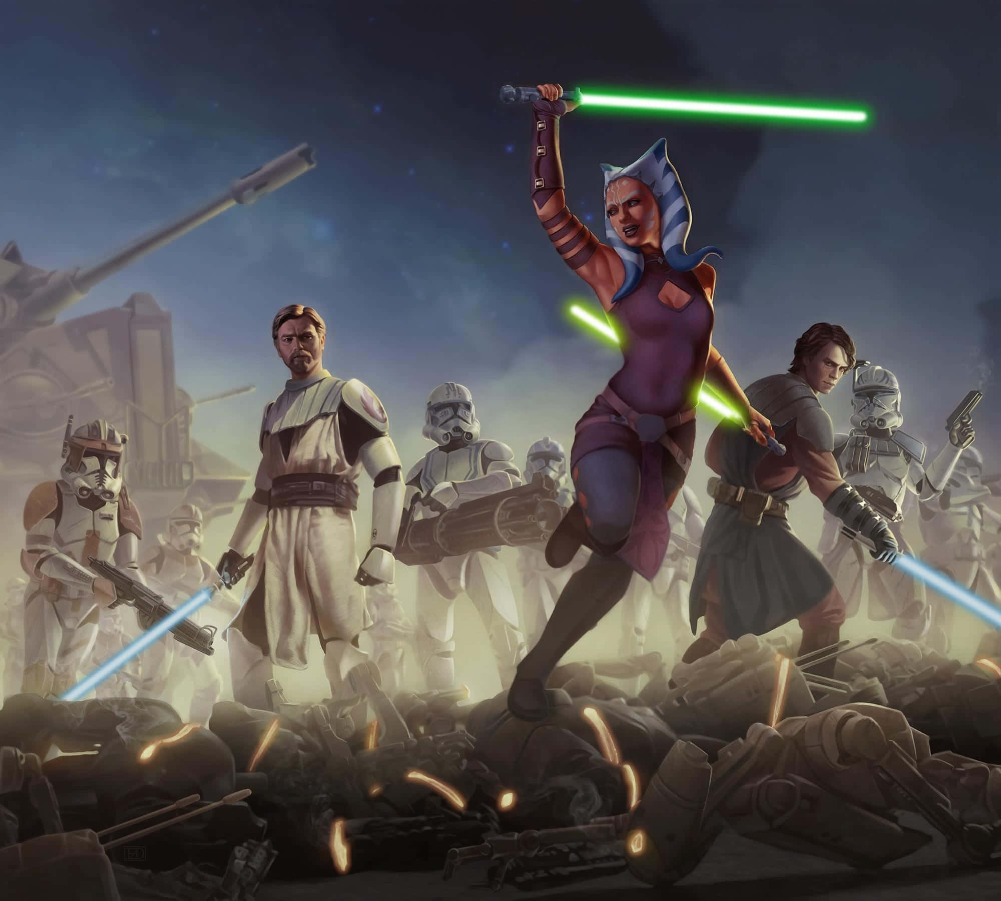 Star Wars, Clonesand Jedi Battle Art, female warrior, Full HD Desktop Wallpaper