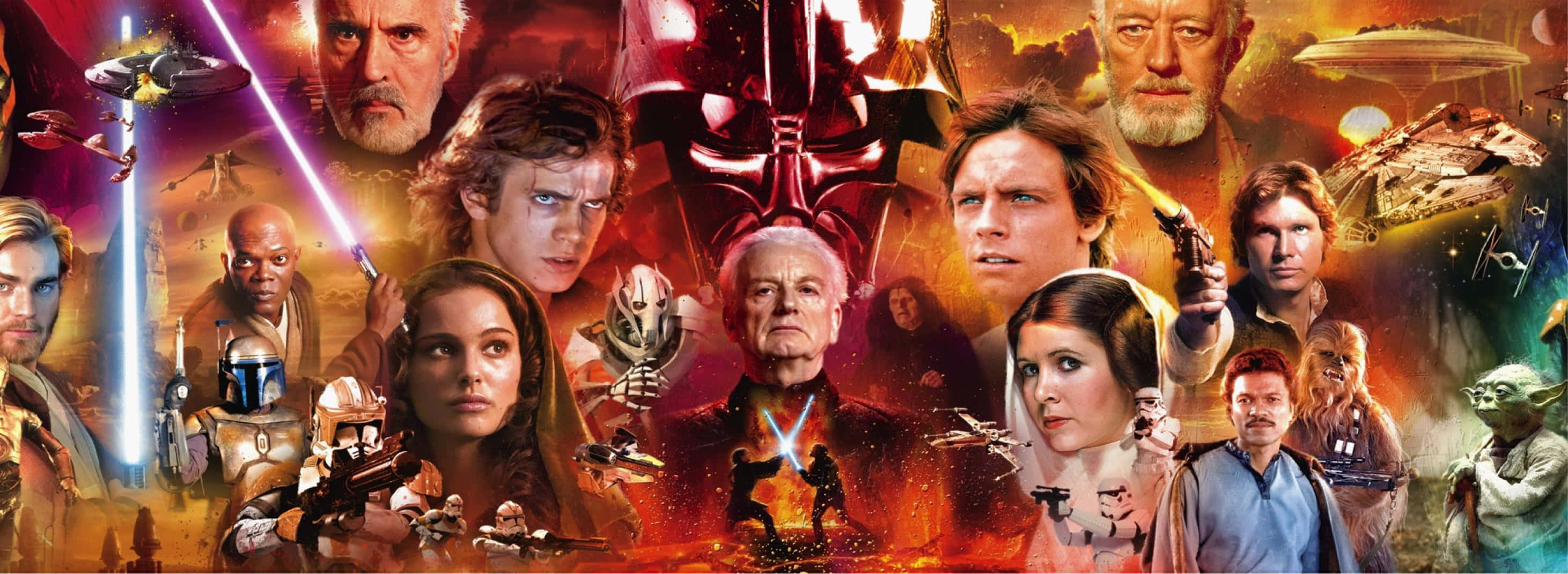 Star Wars Characters, cosmic backdrop, glowing lightsabers, 2K Desktop Wallpaper