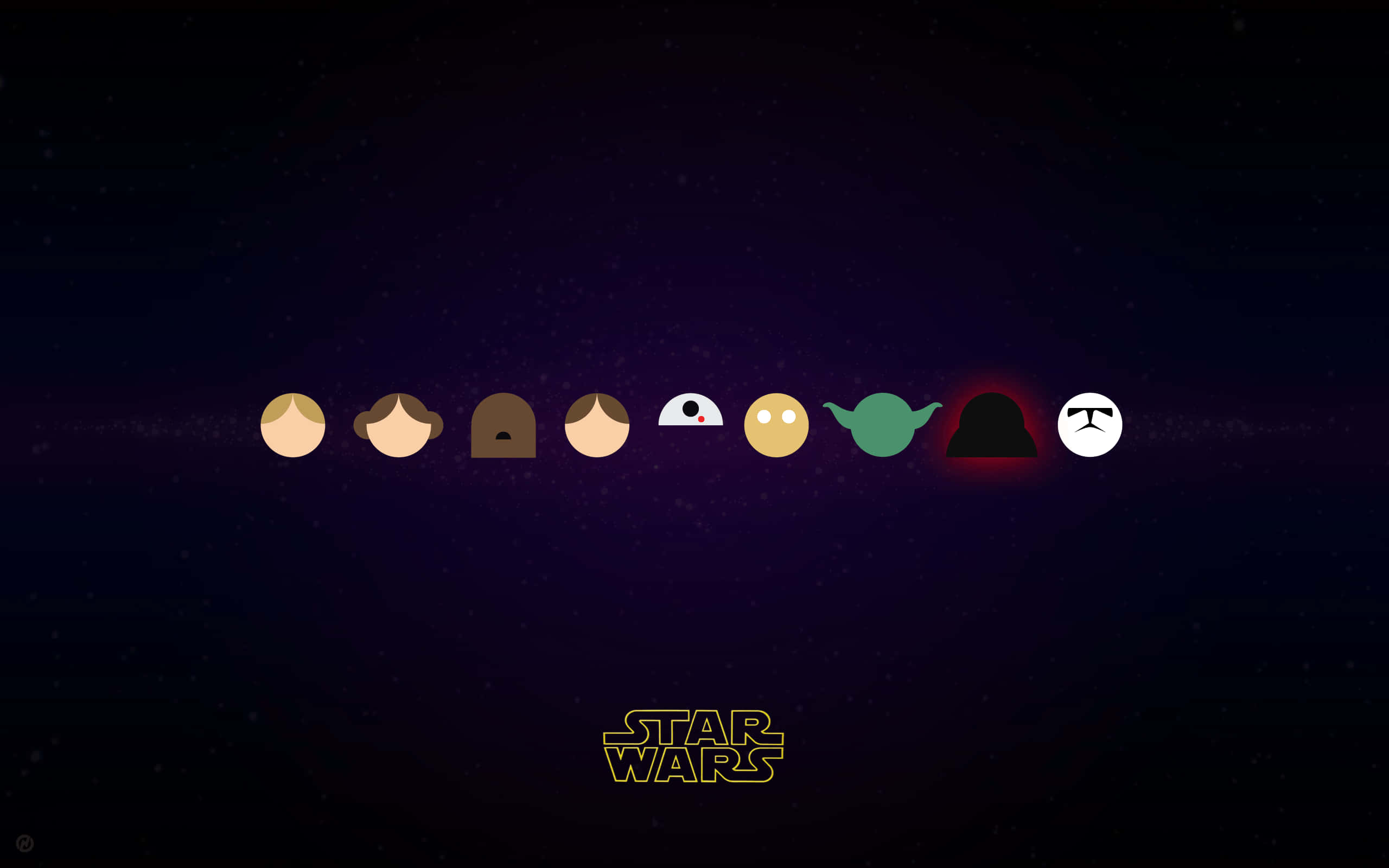 Star Wars Characters, minimalist flat icons, starry space backdrop, 2K Desktop Wallpaper