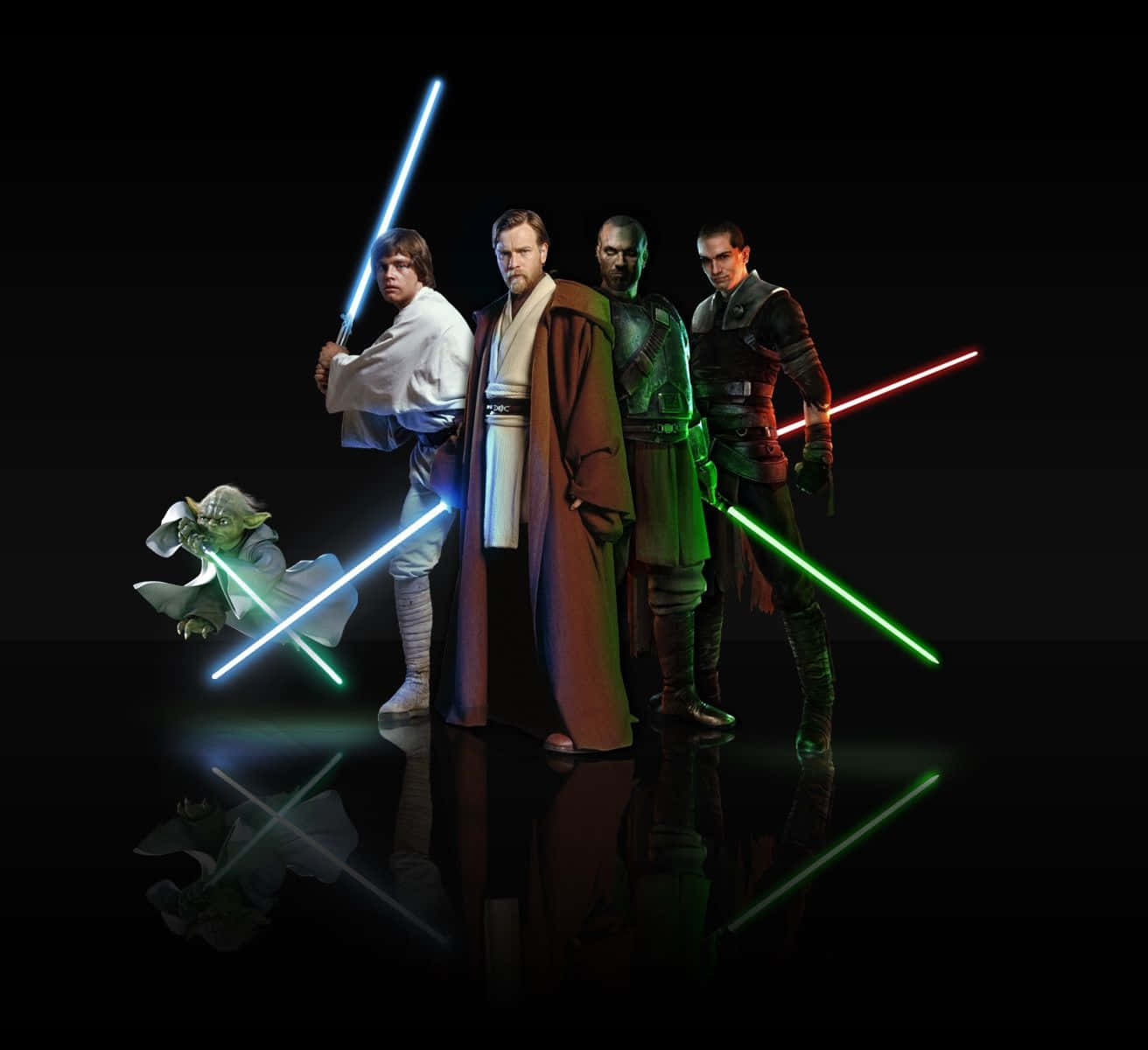 Jedi warriors, small green alien, glowing blue and green lightsabers, HD Desktop Wallpaper
