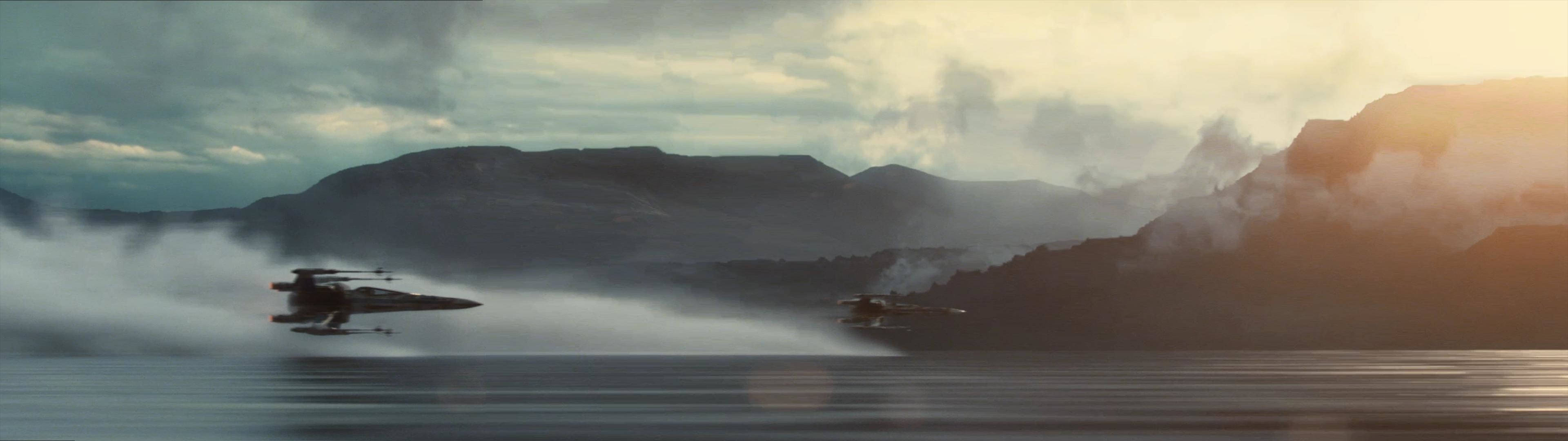 Star Wars Dual Screen, starfighters, misty lake, 4K Desktop Wallpaper