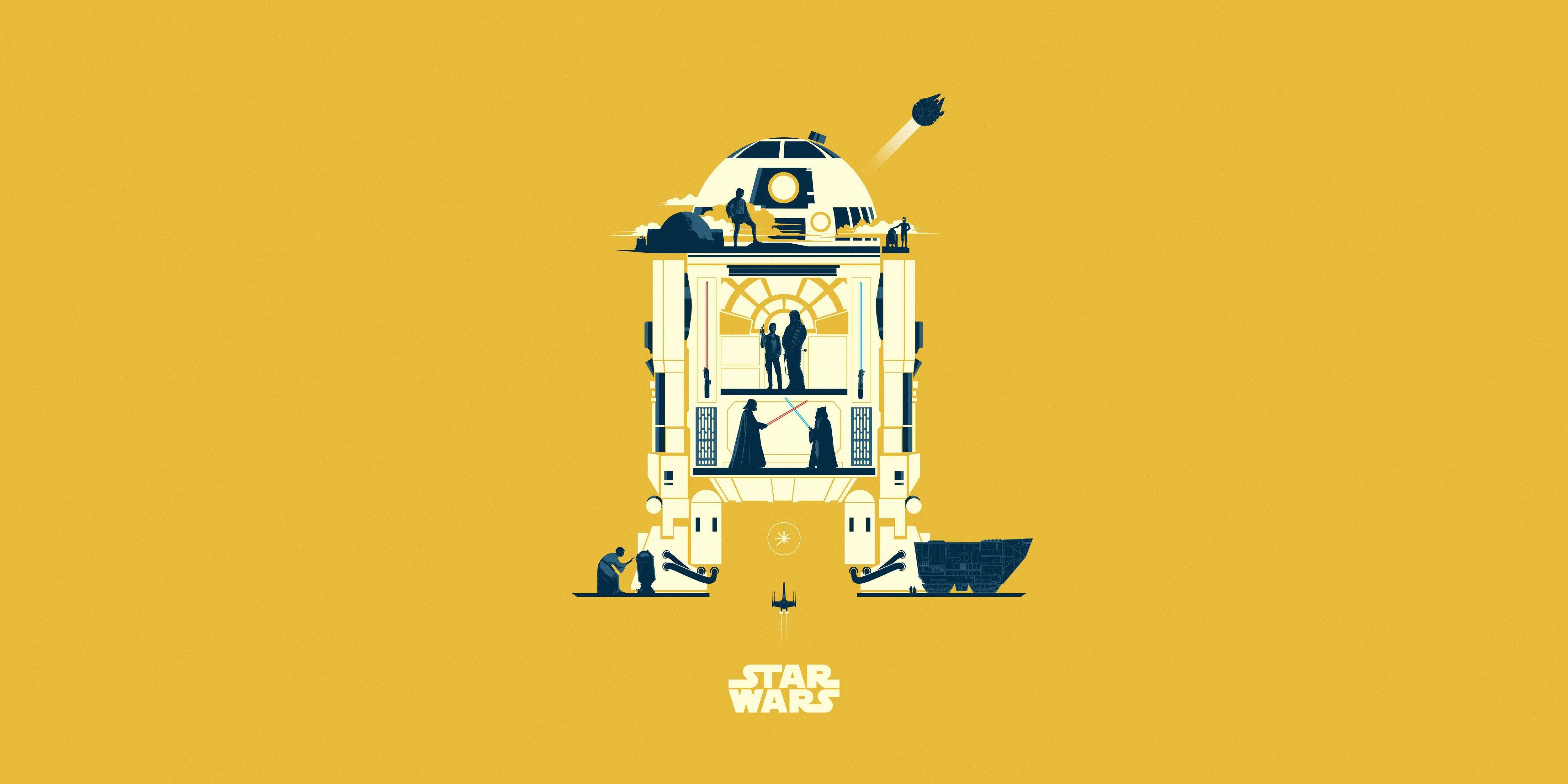 Star Wars, droid, yellow background, 4K Desktop Wallpaper