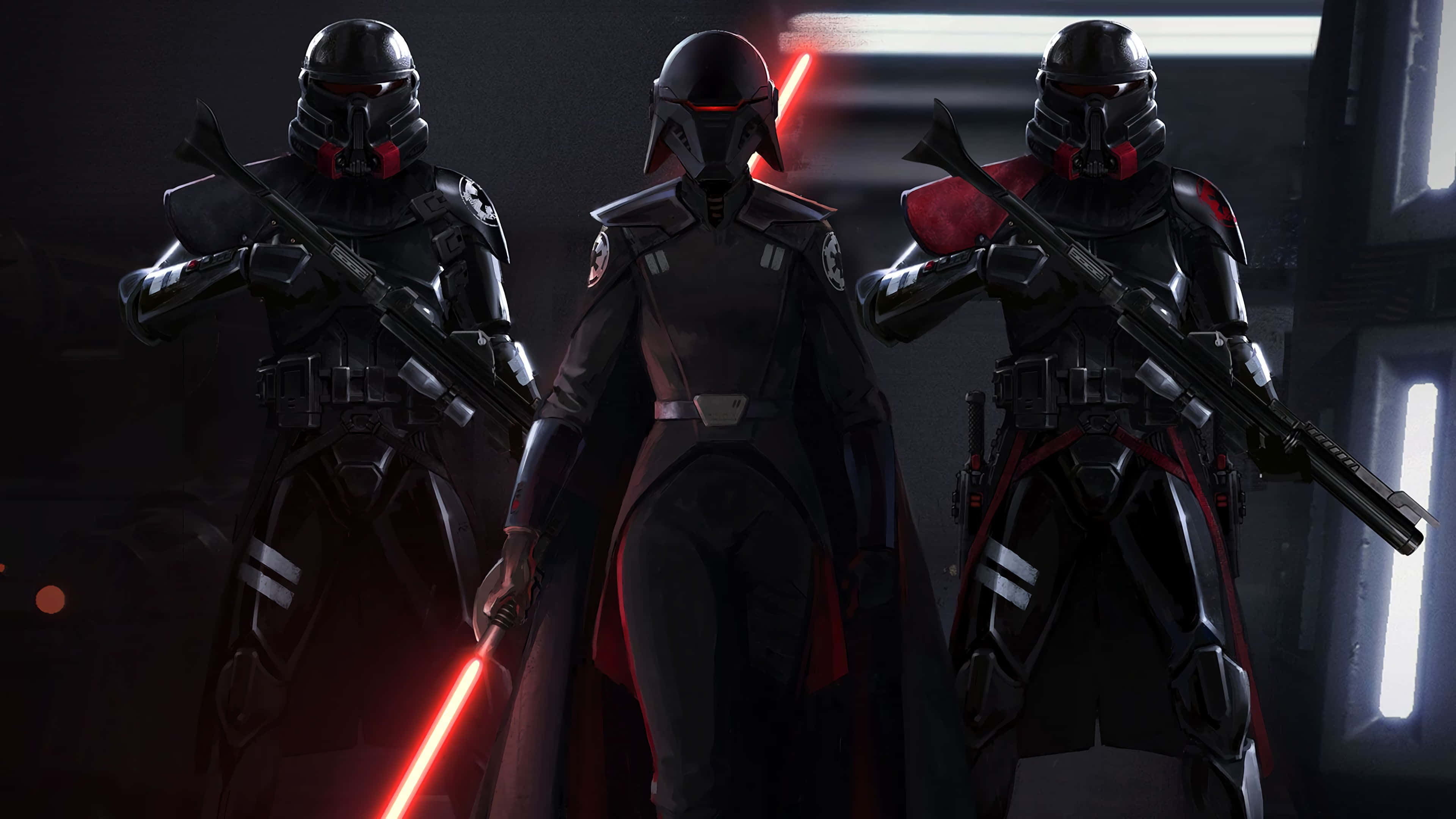 Star Wars Games, red lightsabers, dark futuristic corridor, 4K Desktop Wallpaper