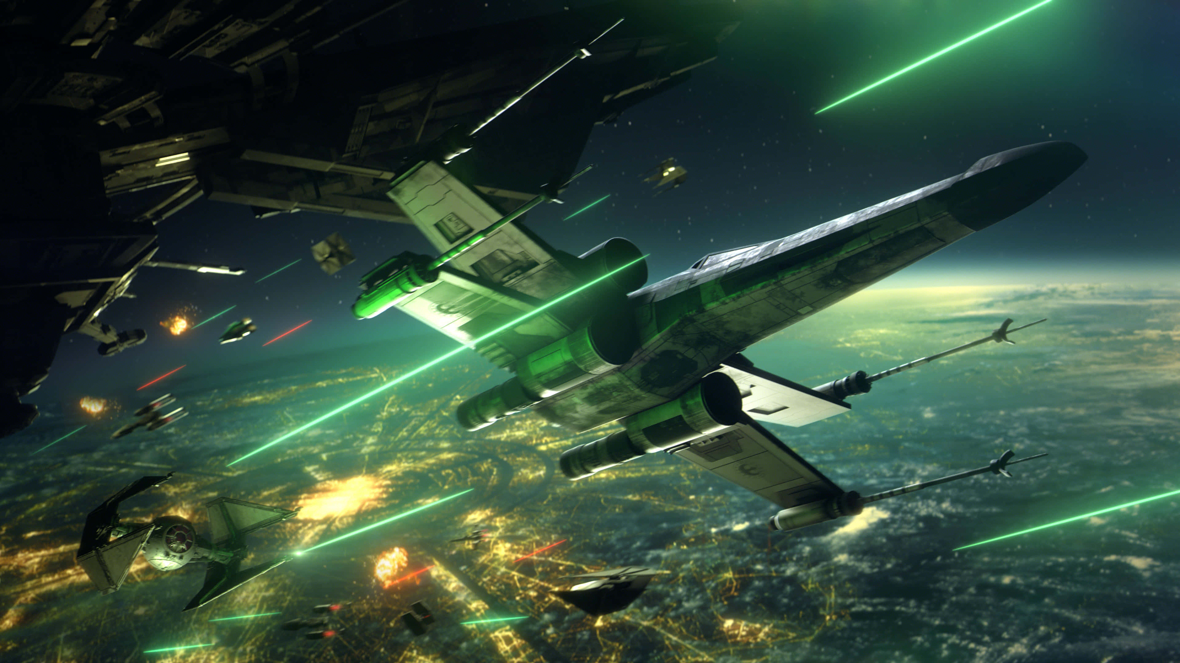 Star Wars Games, green lasers, glowing planet, 4K Desktop Wallpaper