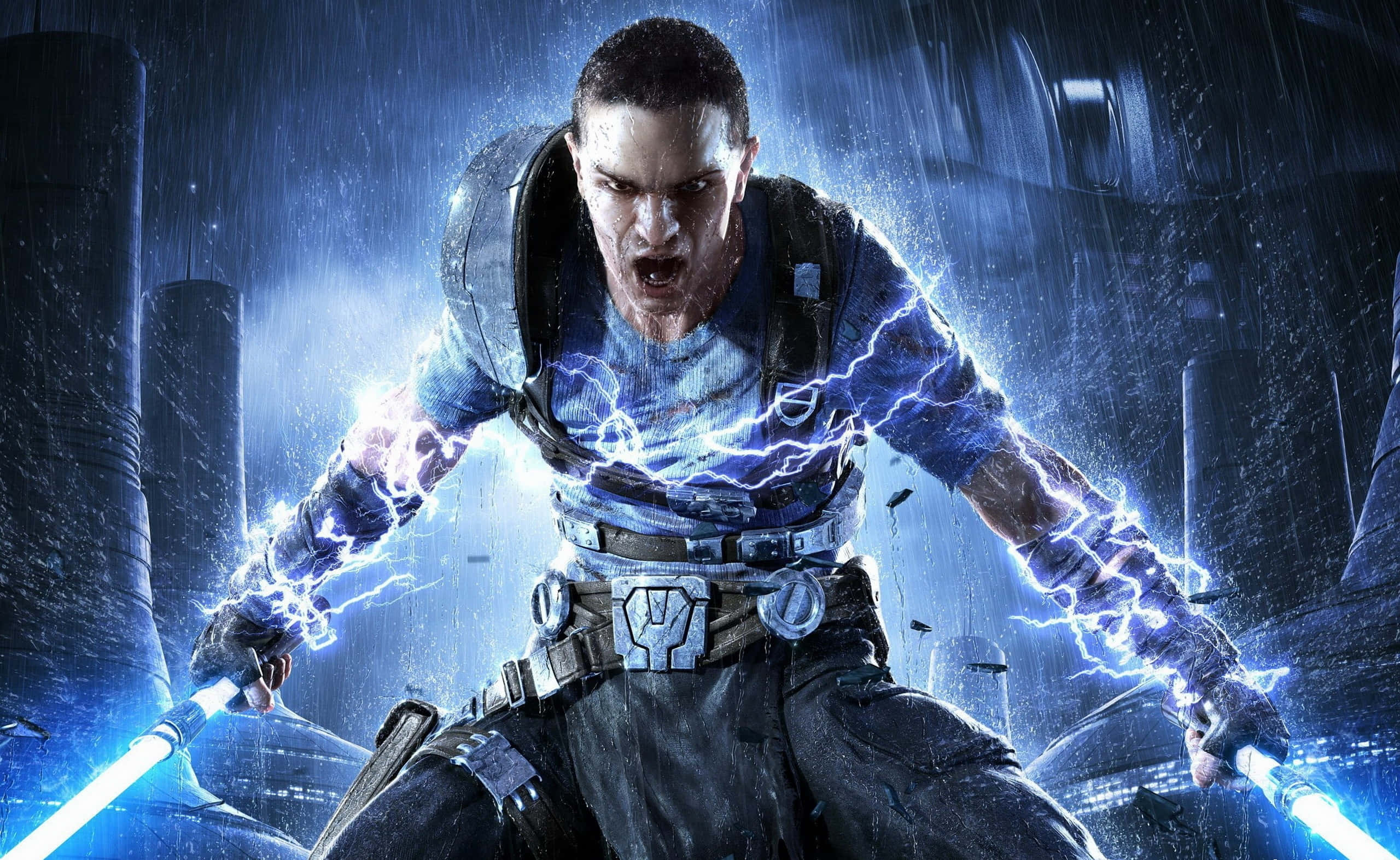 Star Wars Games, blue lightning, rainy futuristic cityscape, 2K Desktop Wallpaper