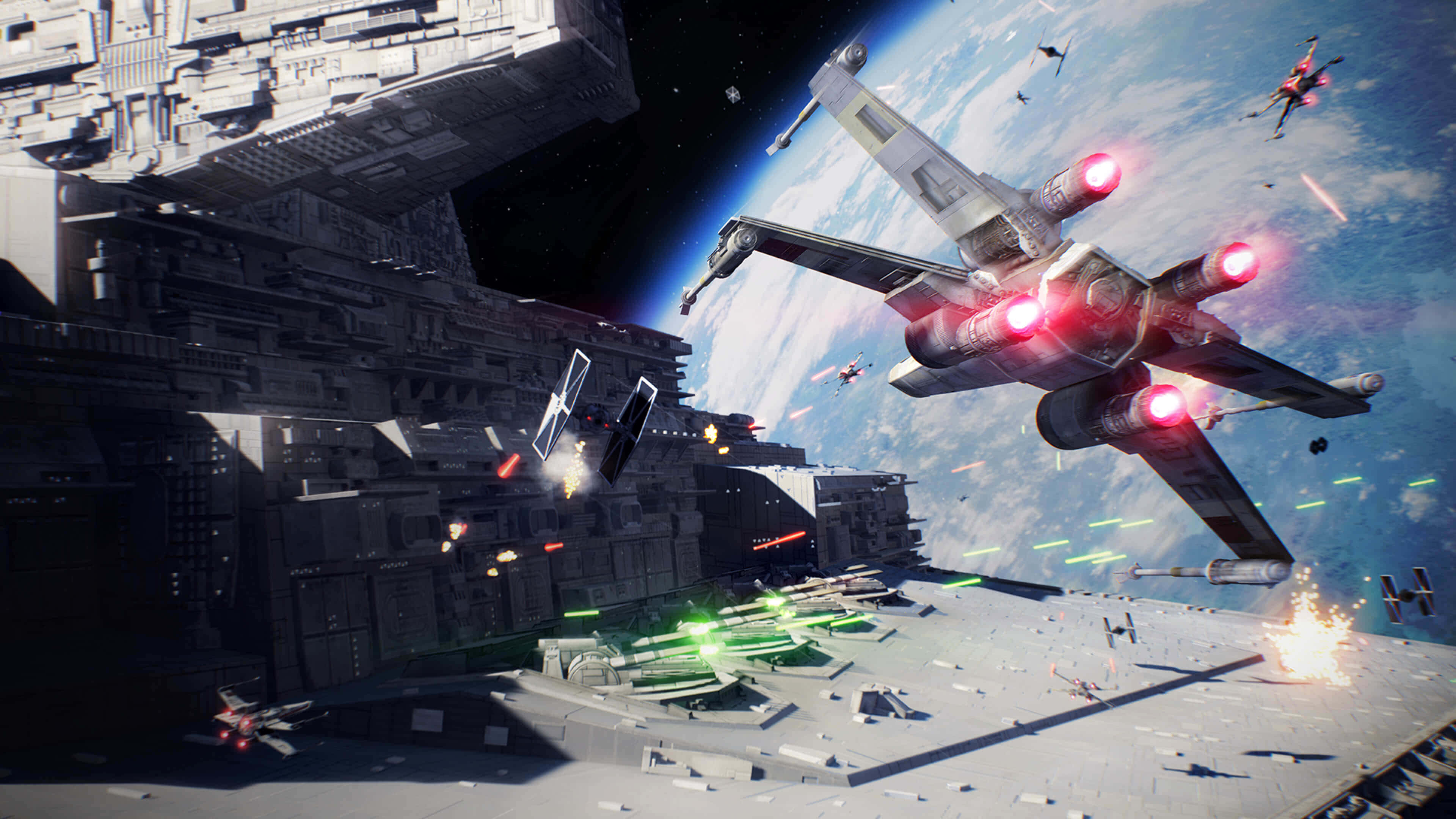 Star Wars, starfighter, glowing red engines, 4K Desktop Wallpaper