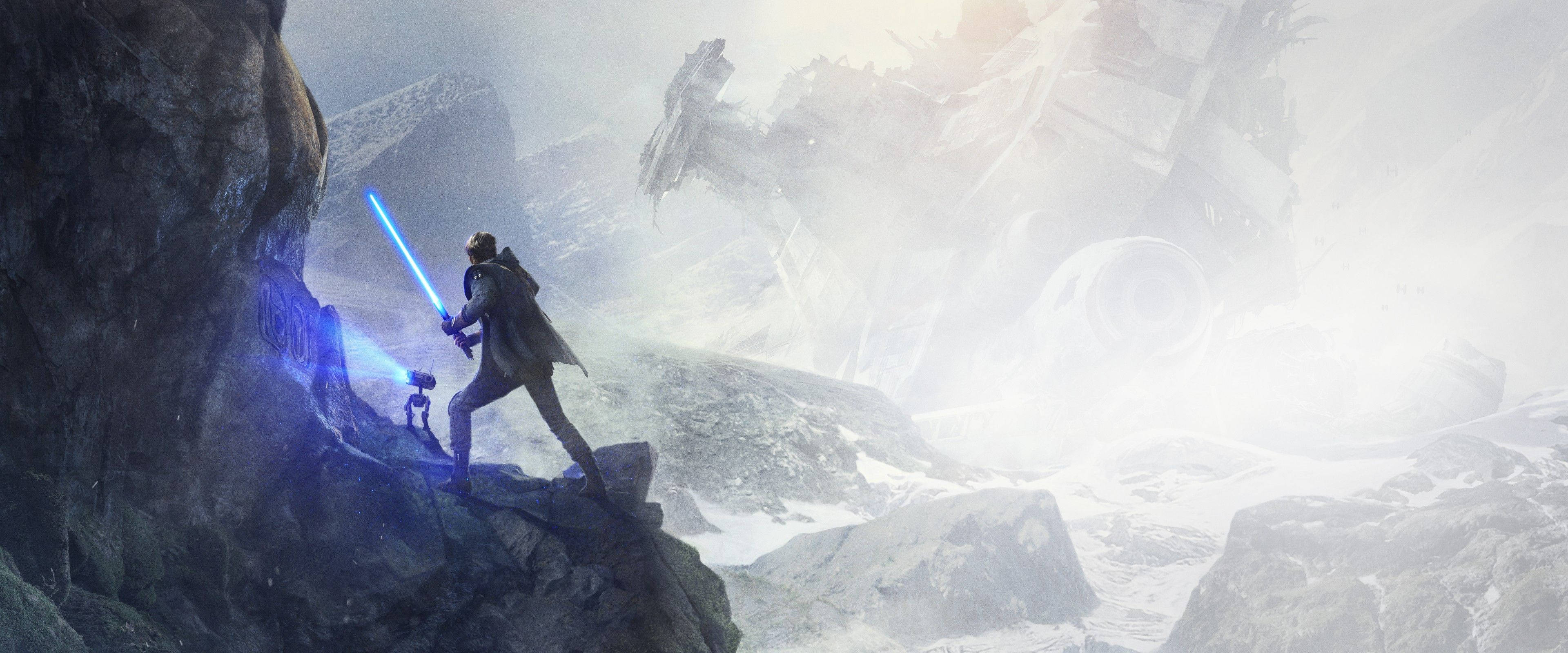 Star Wars Jedi Fallen Order, blue lightsaber, snowy cliff, 4K Desktop Wallpaper