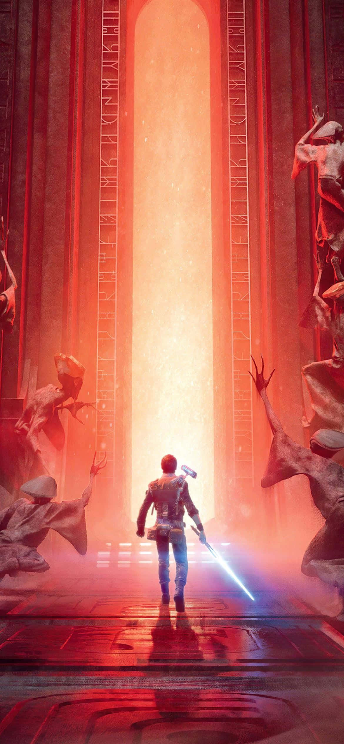 Star Wars Jedi Fallen Order, glowing blue lightsaber, towering red-lit archway, Full HD Phone Wallpaper