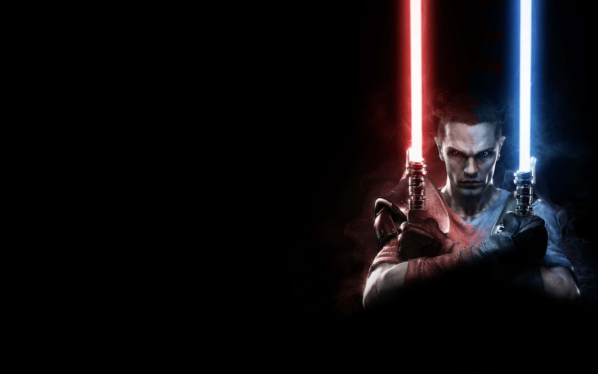 Star Wars Jedi, red and blue lightsaber, dark-clad warrior, Full HD Desktop Wallpaper