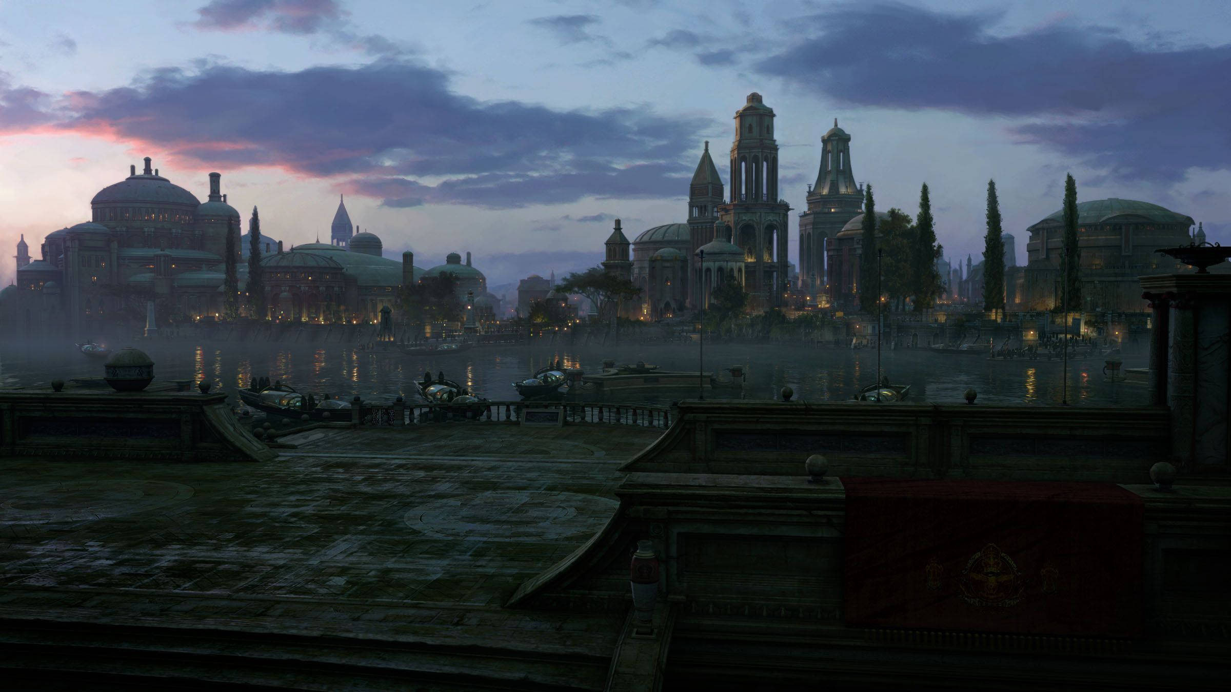 Star Wars Landscape, misty twilight cityscape, grand domed buildings, Full HD Desktop Wallpaper