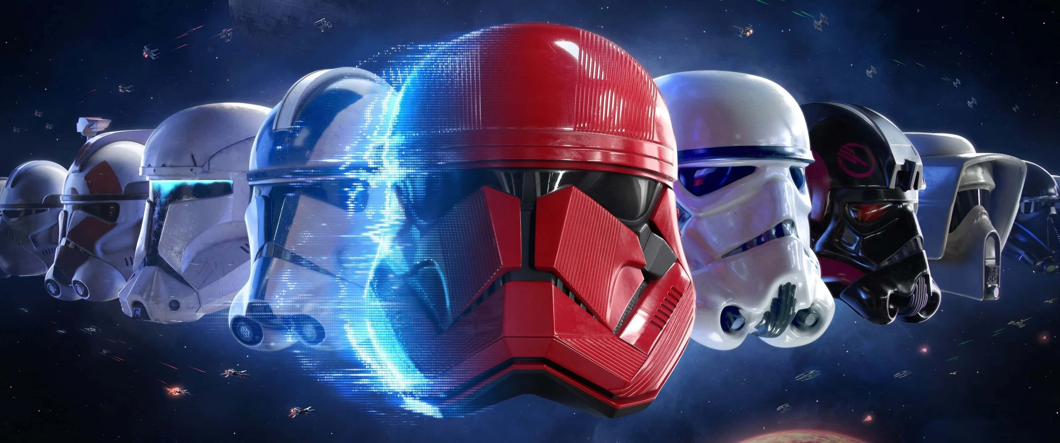 Star Wars, stormtrooper helmets, white red and black, 2K Desktop Wallpaper