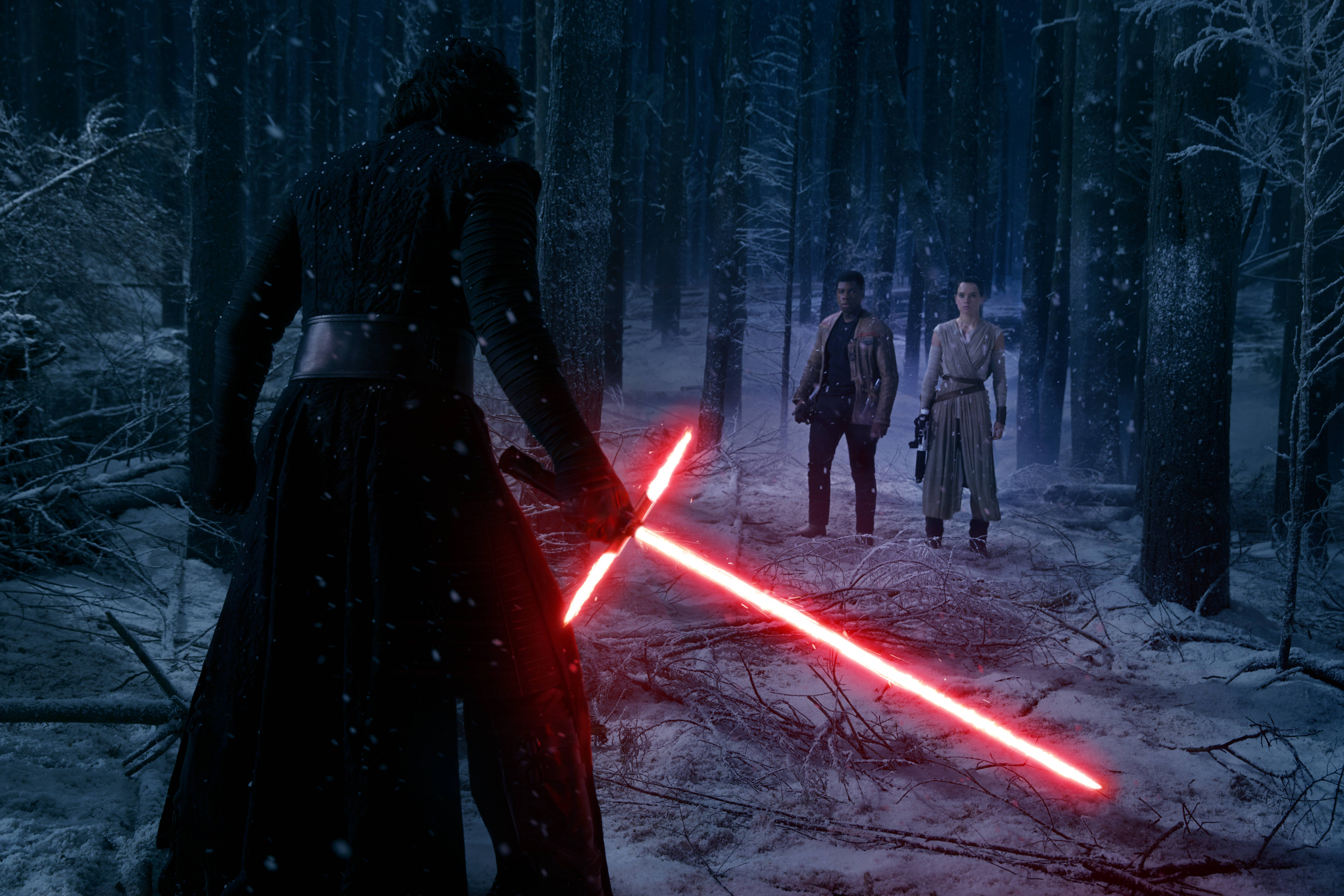 Star Wars Landscape, red crossguard lightsaber, snowy forest, 5K Desktop Wallpaper