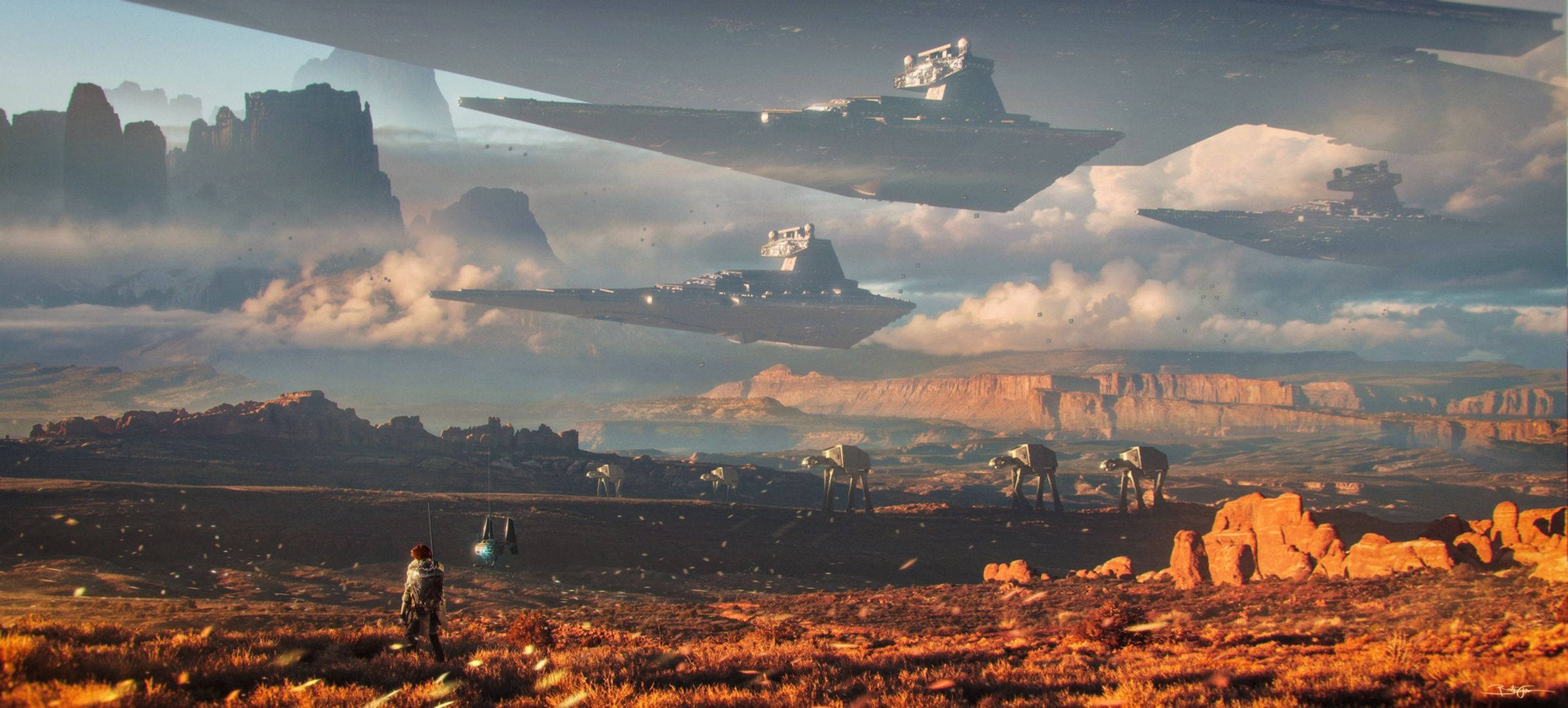 Star Wars, desert landscape, massive starships, Full HD Desktop Wallpaper