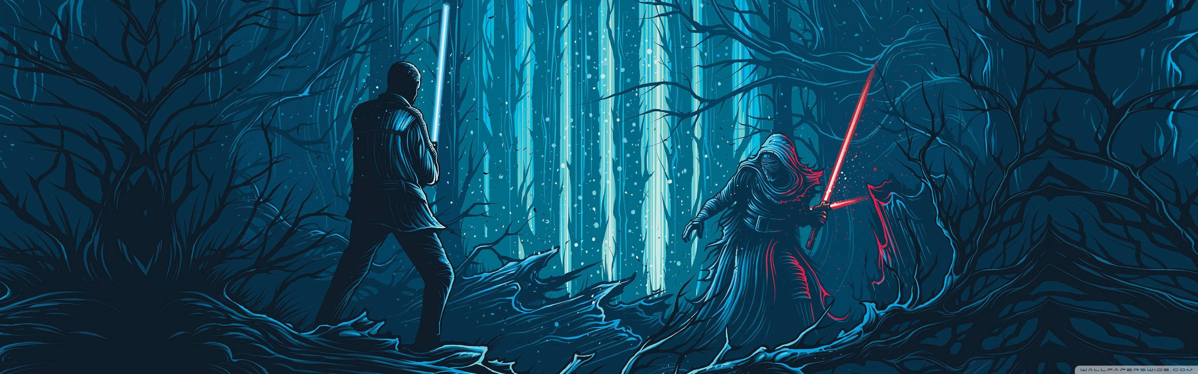 Star Wars, lightsabers, dark blue forest, 4K Desktop Wallpaper