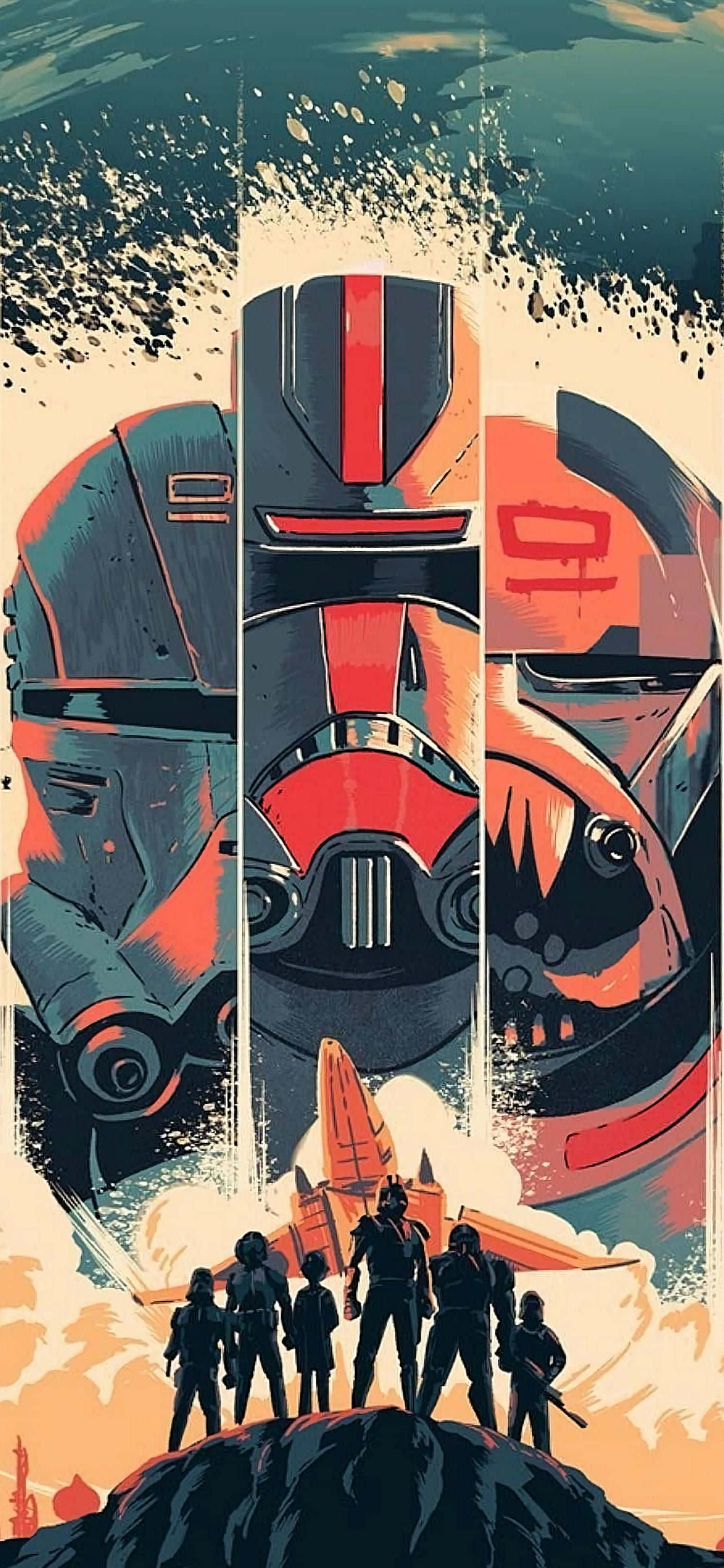 Star Wars The Bad Batch, rocky outcrop, stylized robotic heads, 2K Phone Wallpaper
