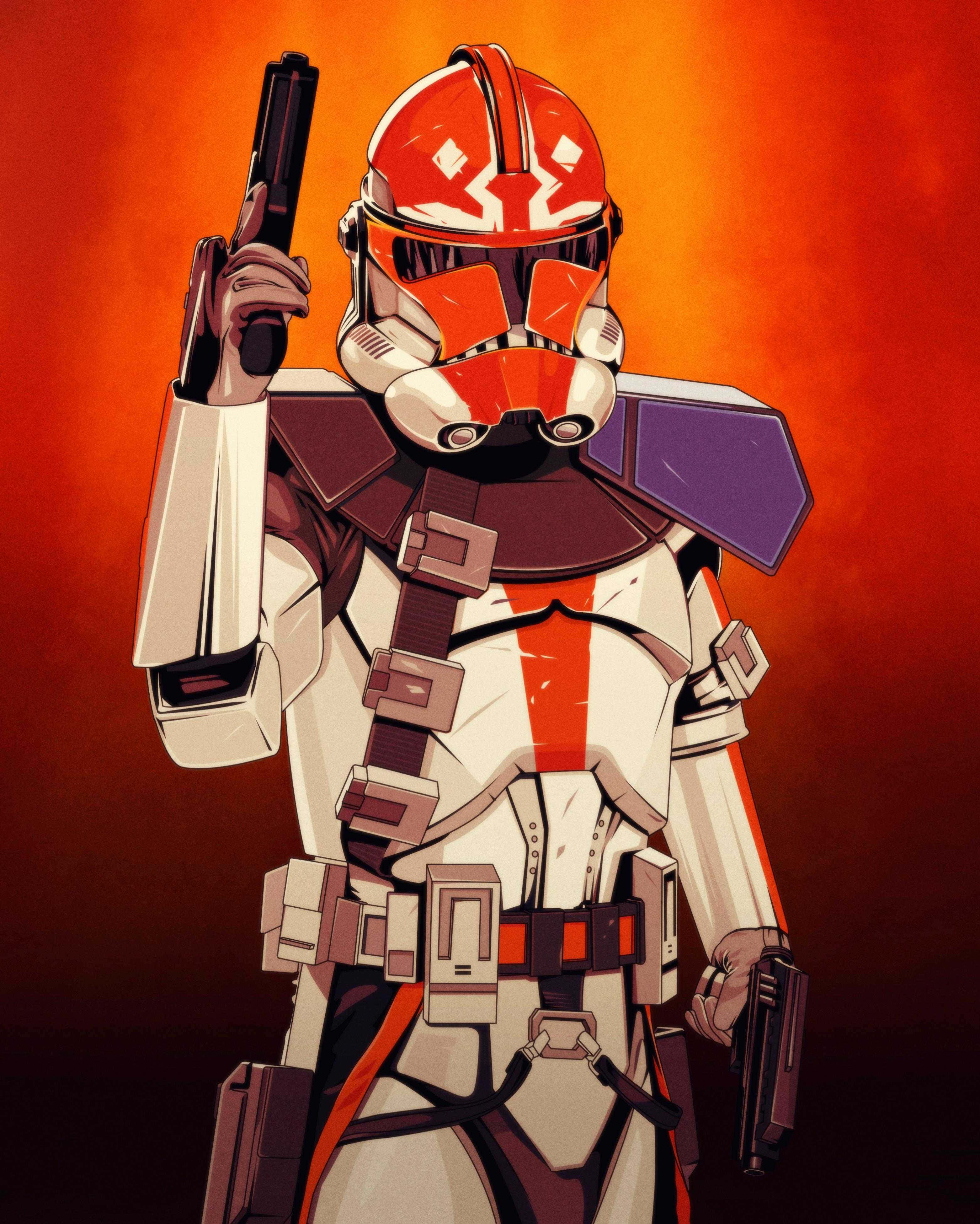 Star Wars The Bad Batch, red and white armored clone trooper, blaster, 4K Phone Wallpaper