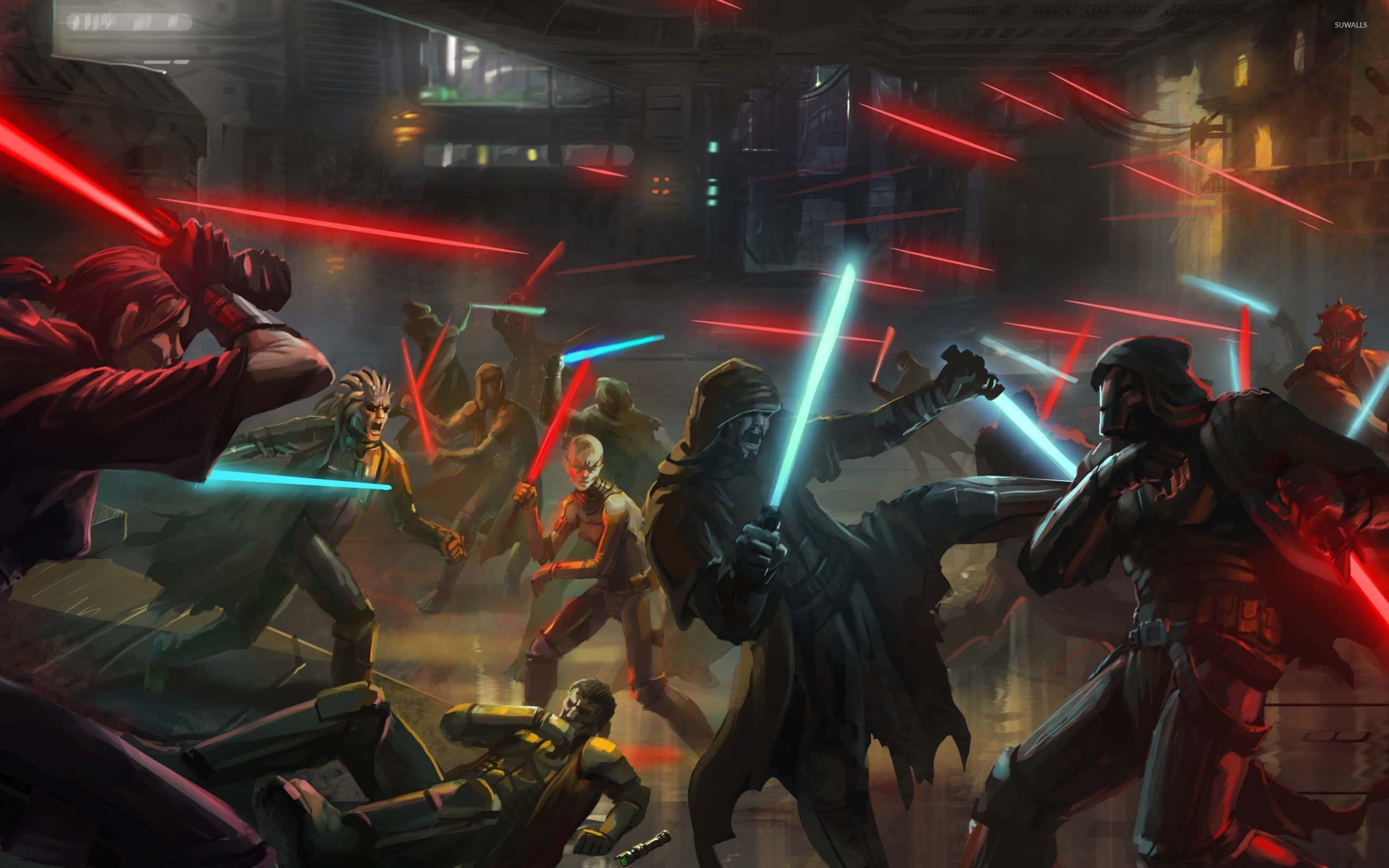 Star Wars, lightsaber battle, red and blue blades, 2K Desktop Wallpaper