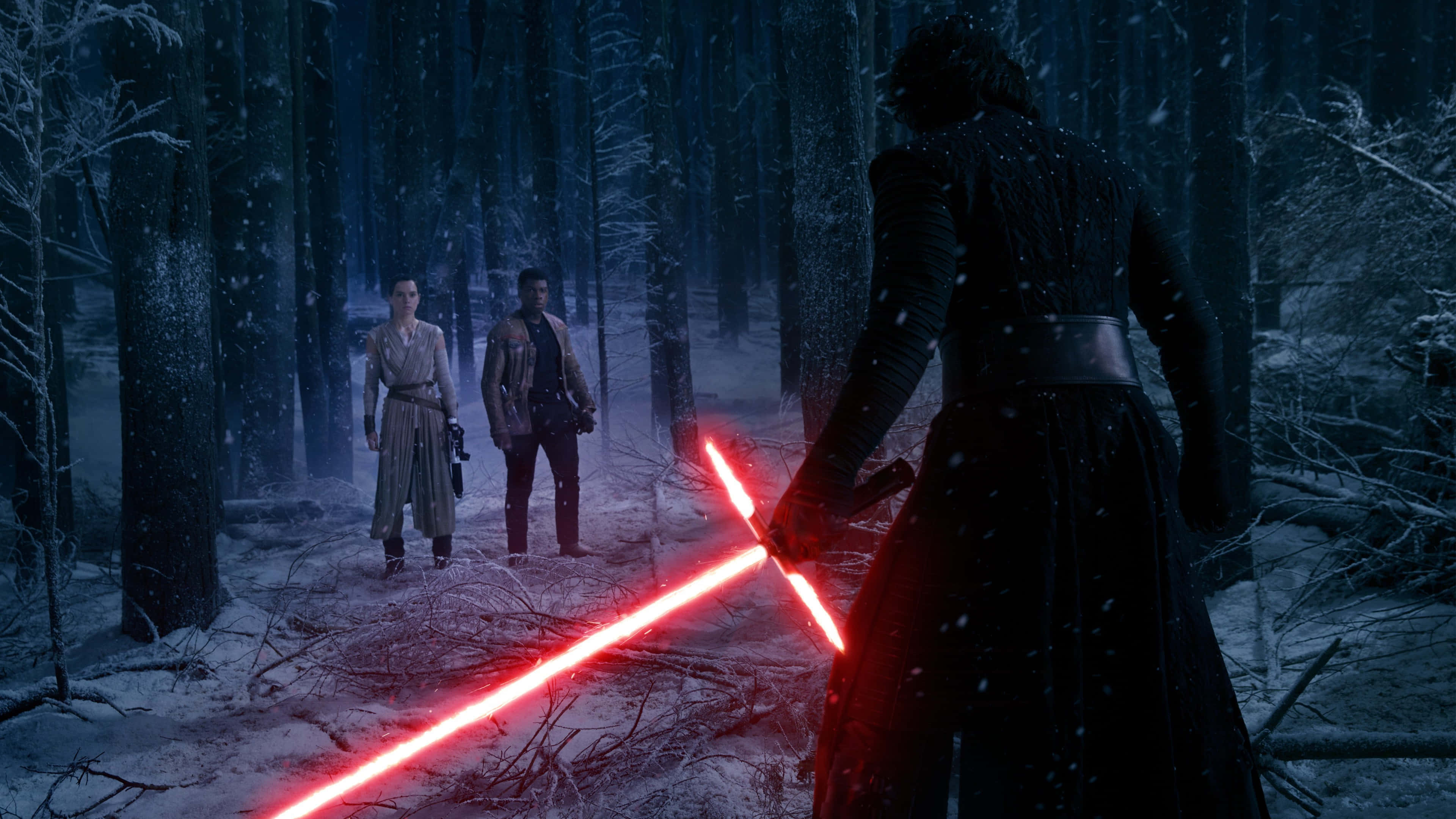 Star Wars The Force Awakens, red lightsaber, snowy forest, 4K Desktop Wallpaper