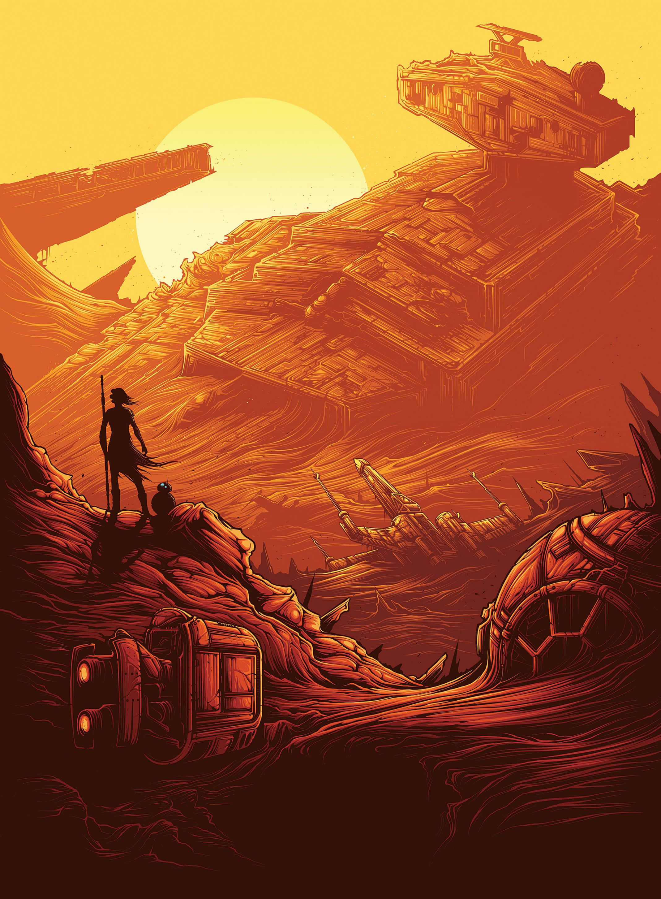 Star Wars The Force Awakens, desert landscape, glowing sun, 2K Phone Wallpaper