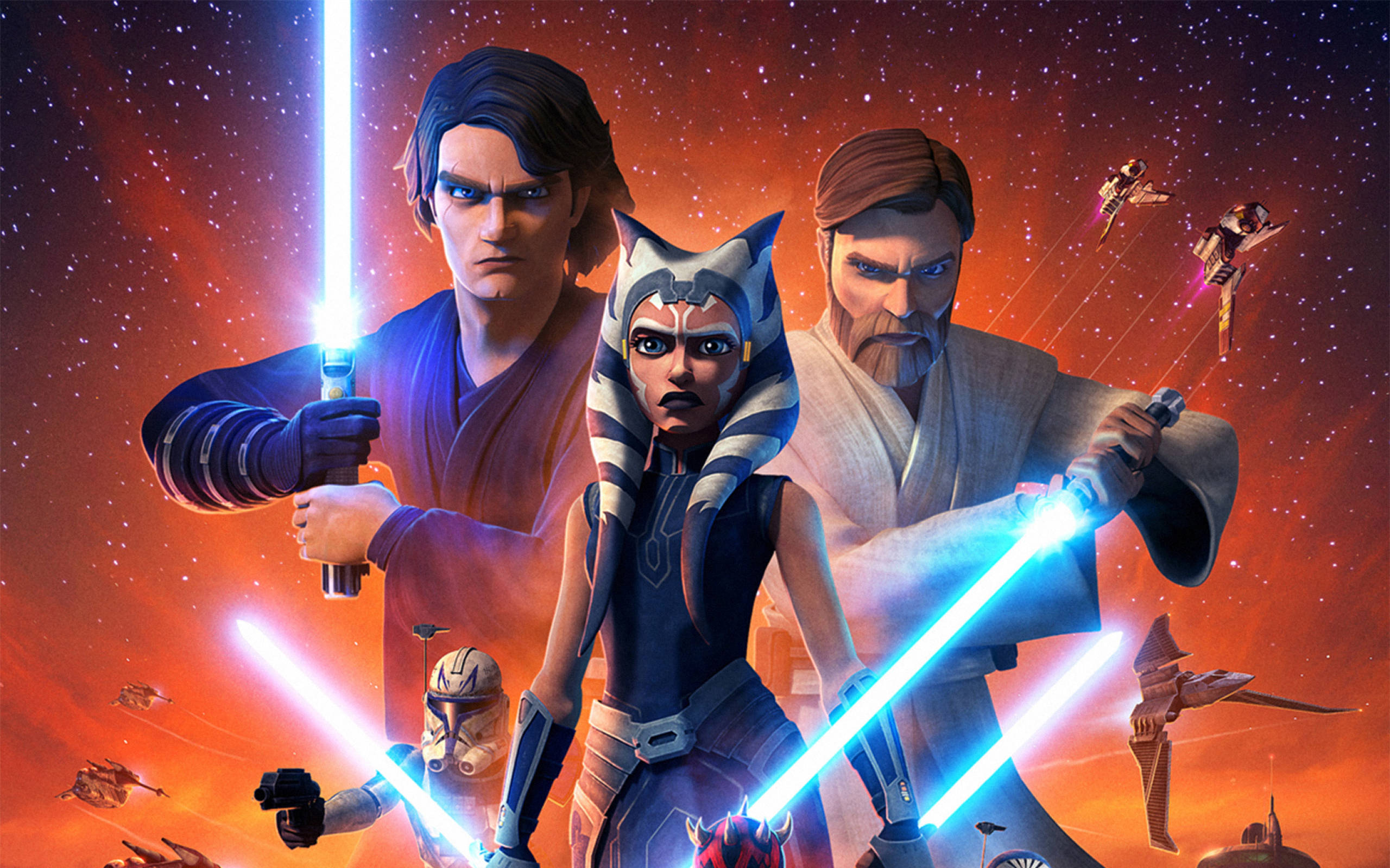 Star Wars The Force Awakens, Jedi warriors, glowing blue lightsabers, 2K Desktop Wallpaper