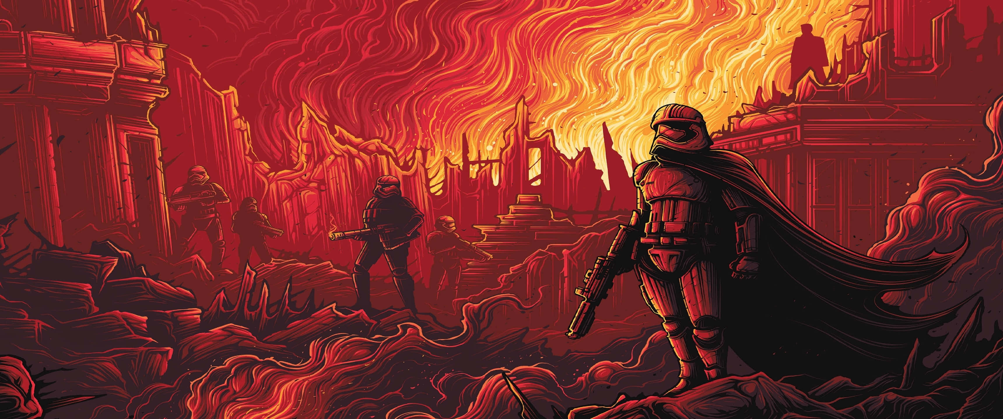 Star Wars, red battle scene, armored figure, 2K Desktop Wallpaper