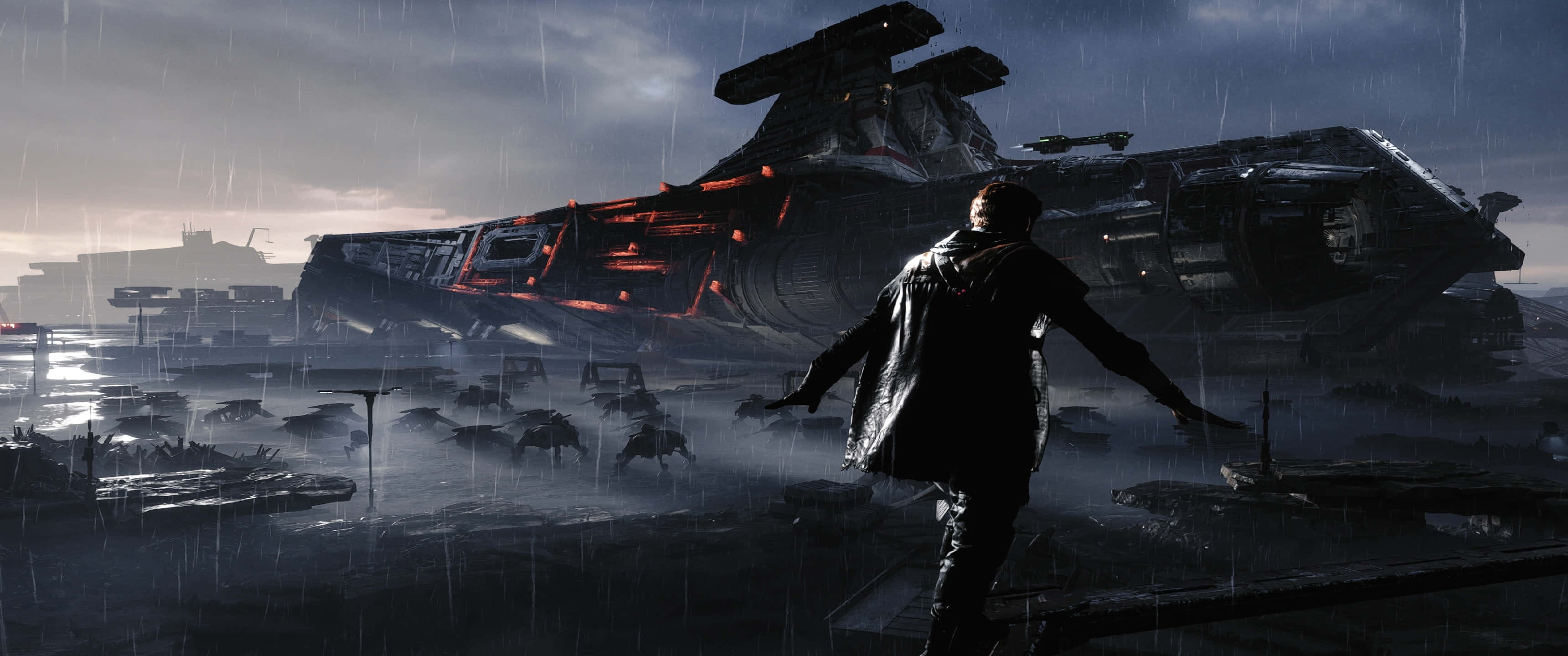 Star Wars, rainy dock scene, crashed starship, 2K Desktop Wallpaper