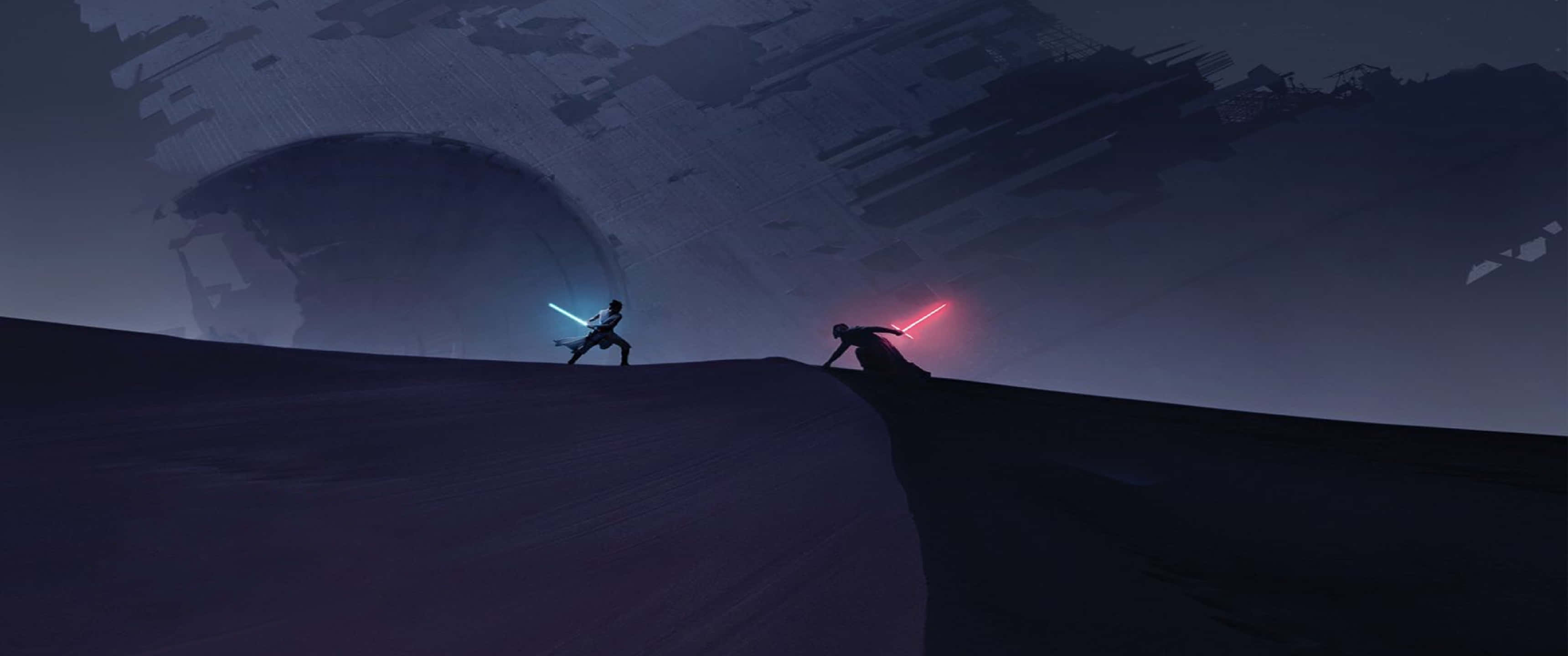 Star Wars, lightsaber duel, glowing blue and red lightsabers, 2K Desktop Wallpaper