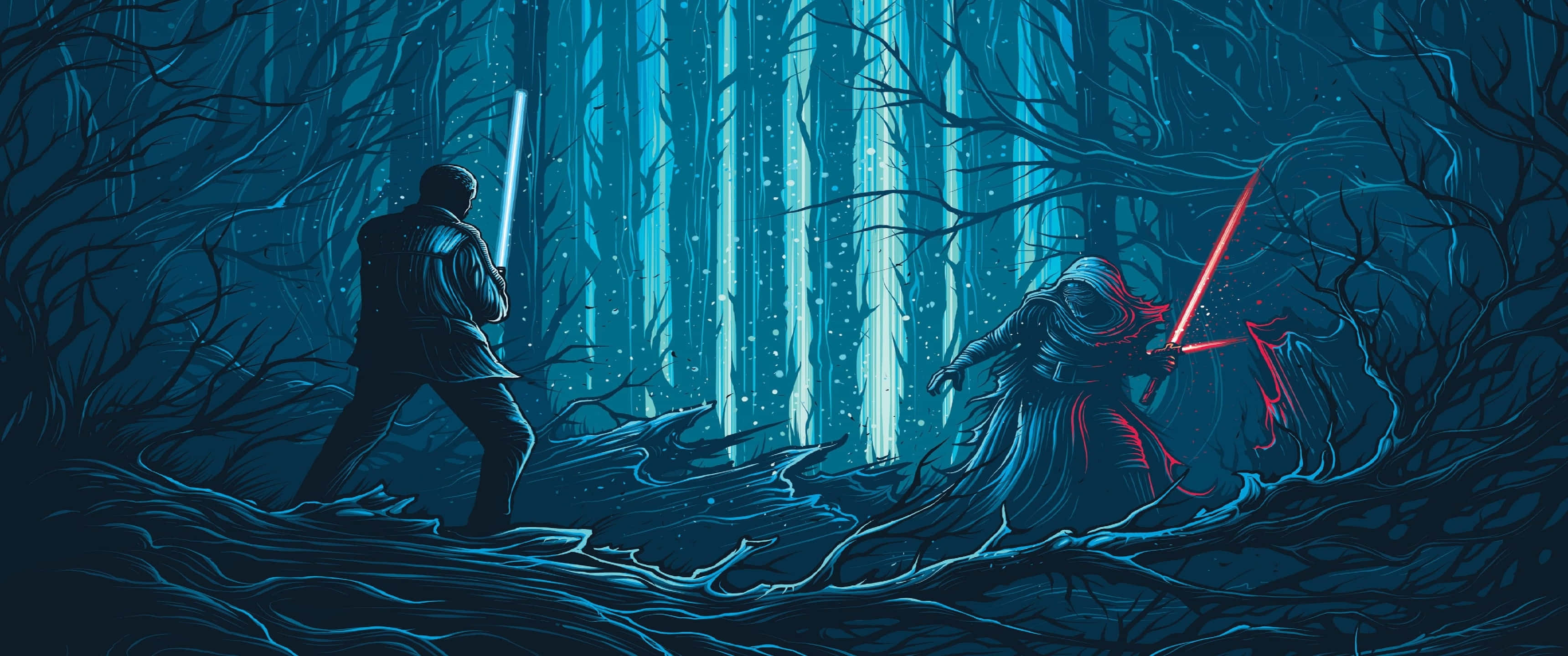 Star Wars, forest duel, blue lightsaber, 2K Desktop Wallpaper