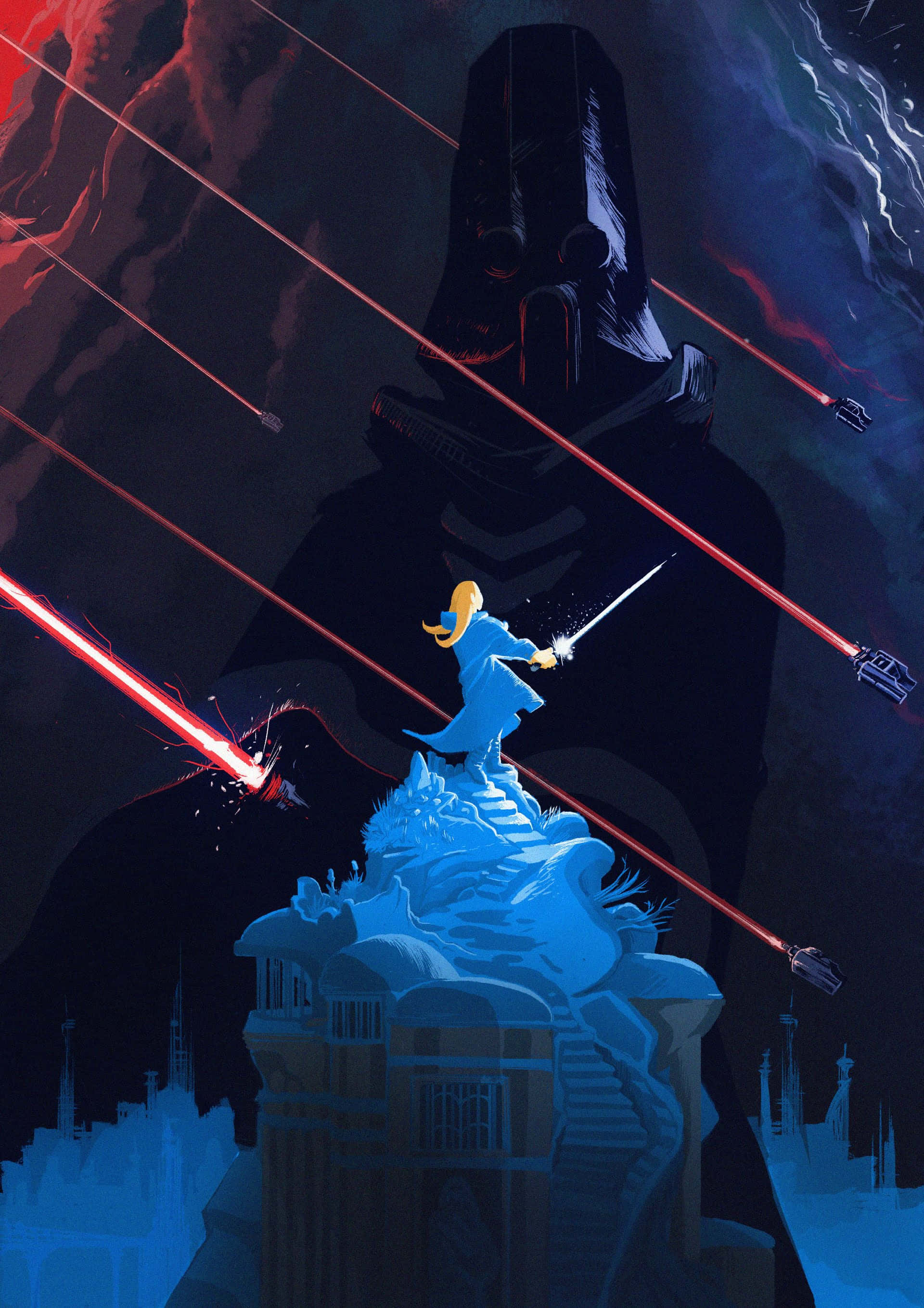 Star Wars Visions, blue-clad warrior, snowy tower, 2K Phone Wallpaper