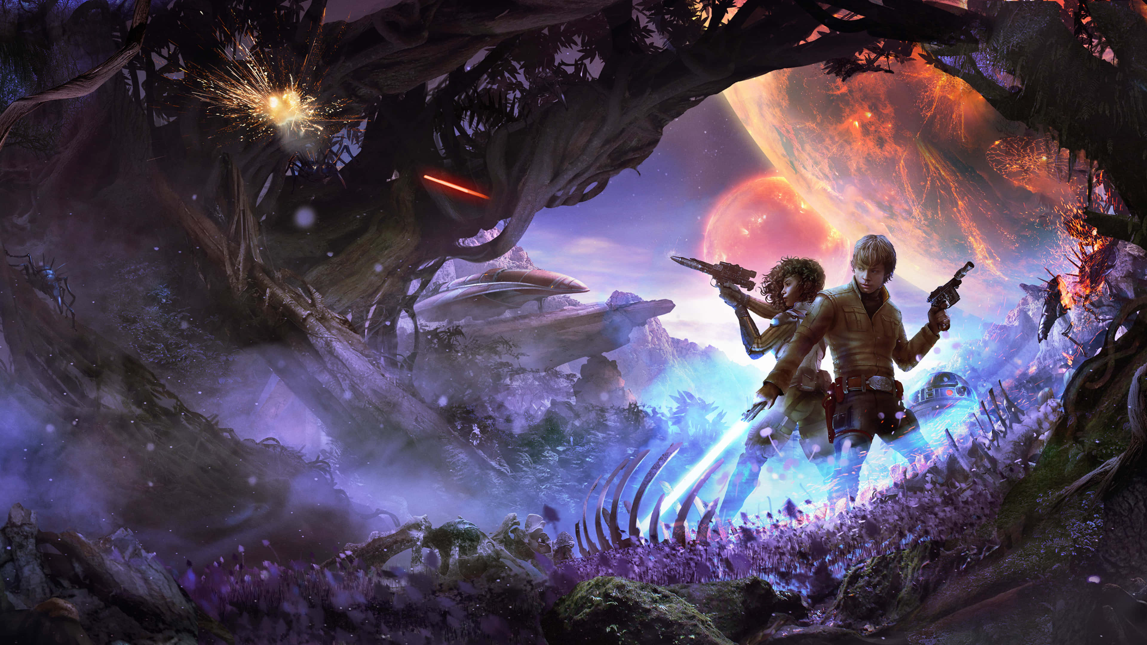 Star Wars, epic battle art, glowing purple alien forest cave, 4K Desktop Wallpaper