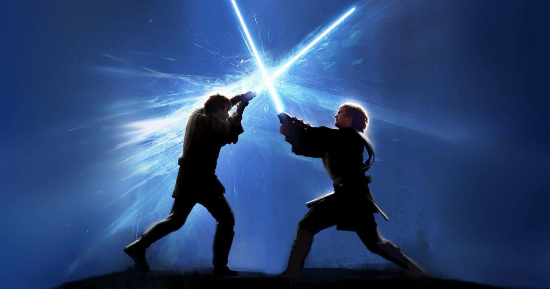 lightsaber duel, bright blue blades, dark blue backdrop, HD Desktop Wallpaper