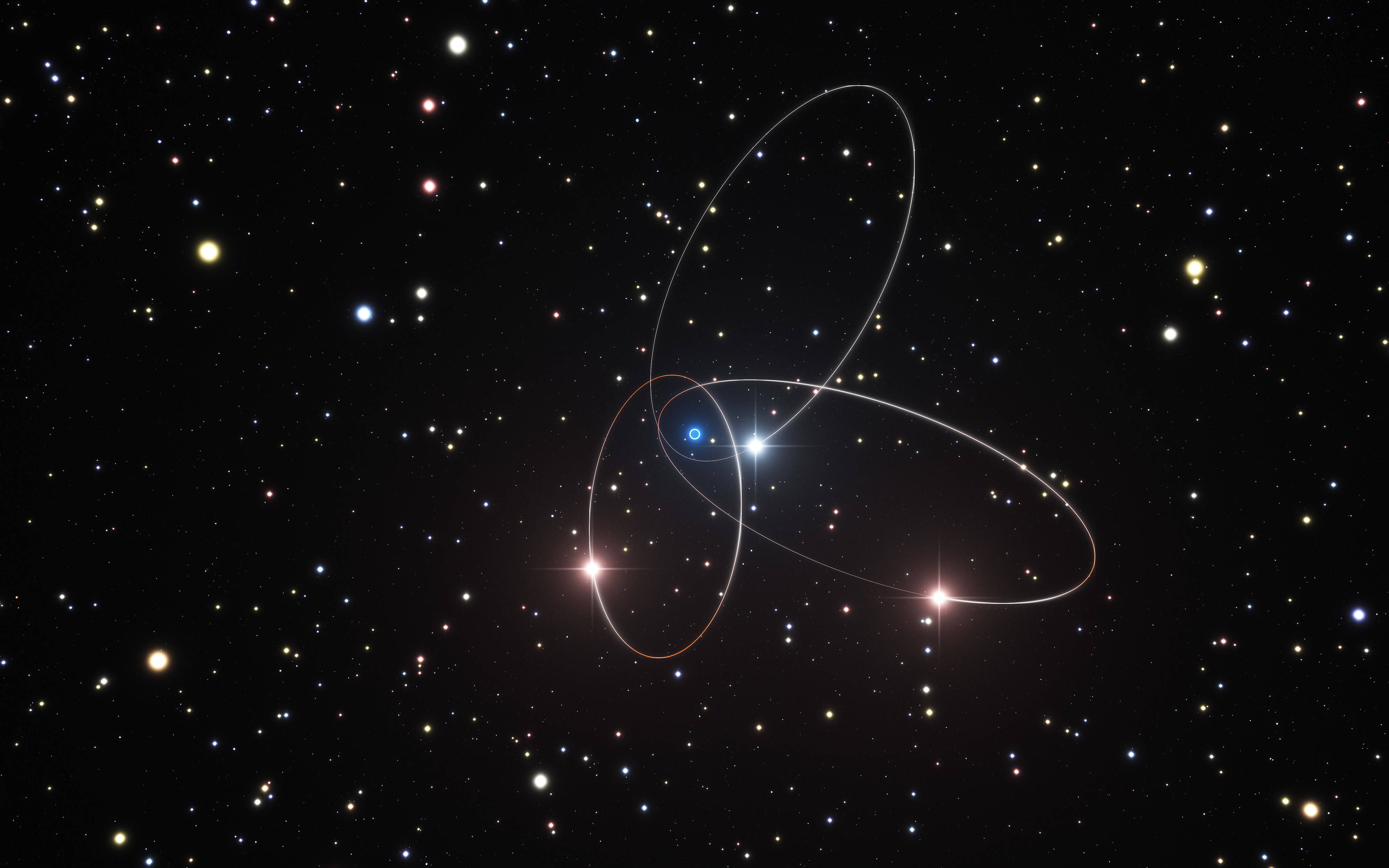 cosmic triple star system, glowing orbital paths, starfield, 4K Desktop Wallpaper
