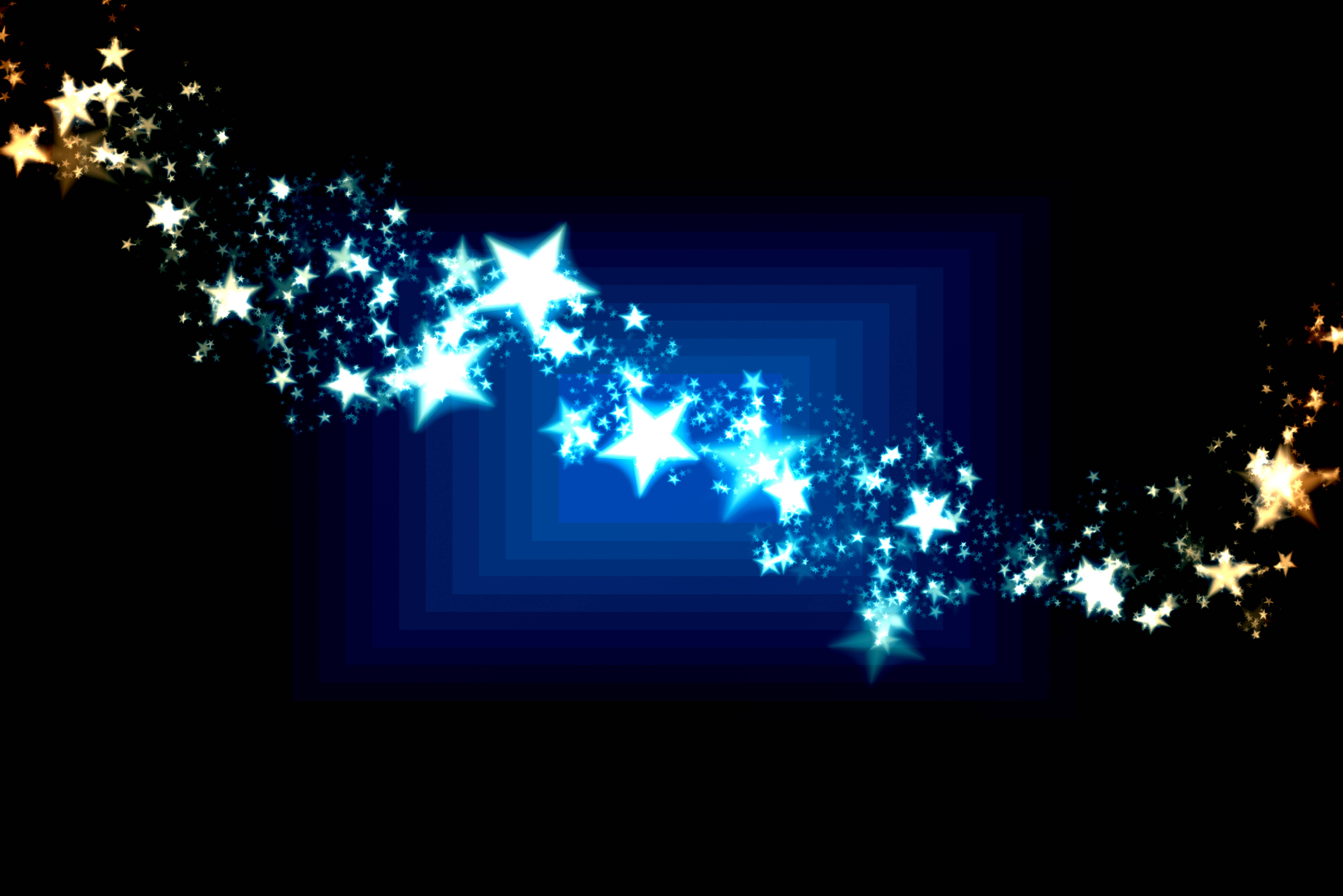 glowing blue and gold stars, dark background, concentric blue squares, 5K Desktop Wallpaper