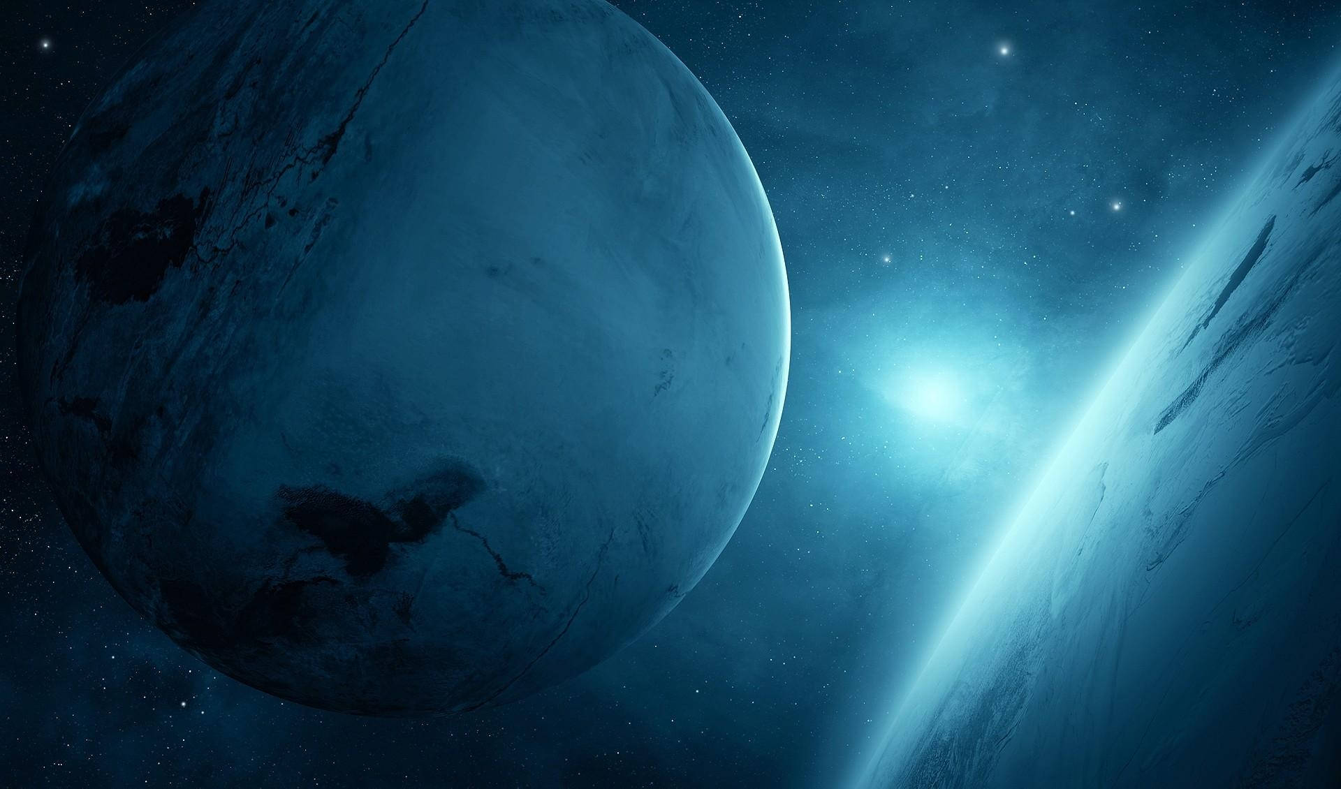 glowing blue planet, icy blue planets, starry cosmic void, Full HD Desktop Wallpaper