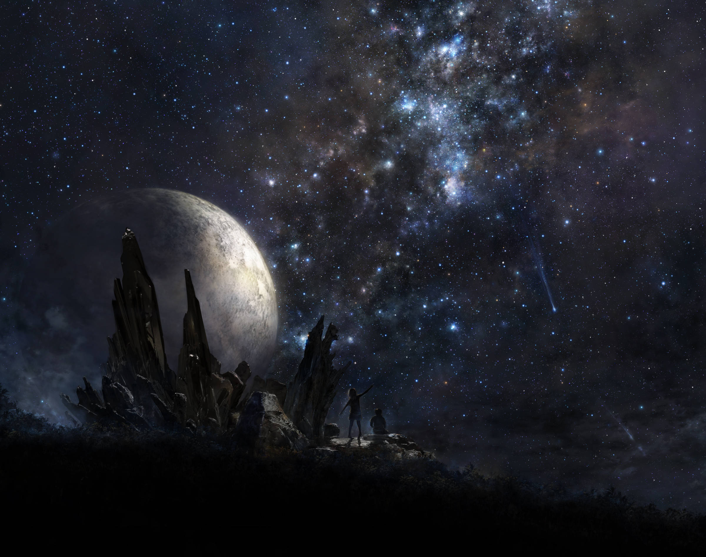 starry sky, glowing moon, shooting stars, Full HD Desktop Wallpaper