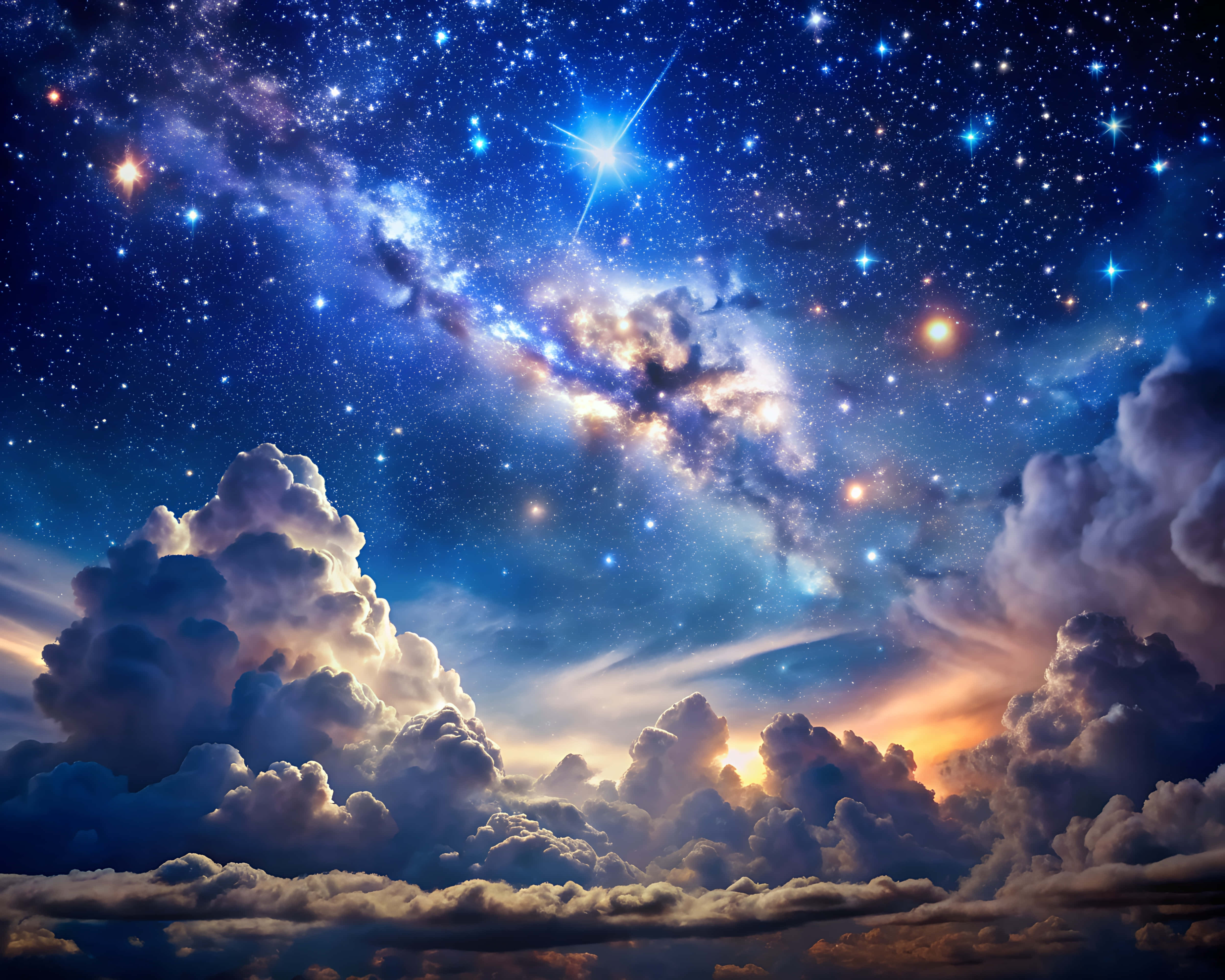 starry night sky, vibrant galaxy, dramatic clouds, 4K Desktop Wallpaper