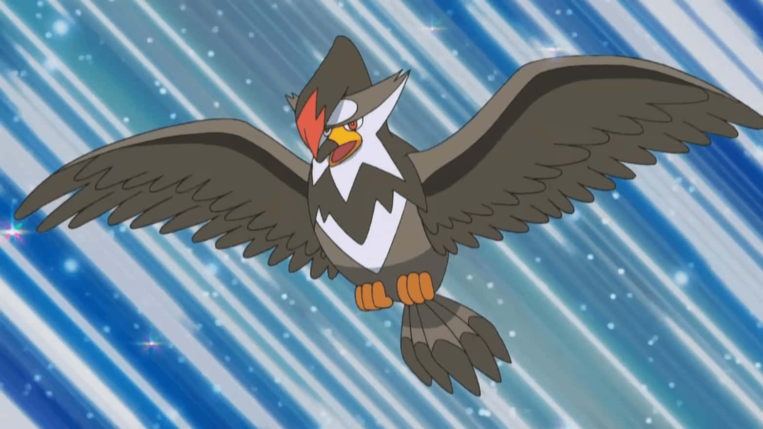 Staraptor, anime hawk Pokémon, blue streaked sky, HD Desktop Wallpaper