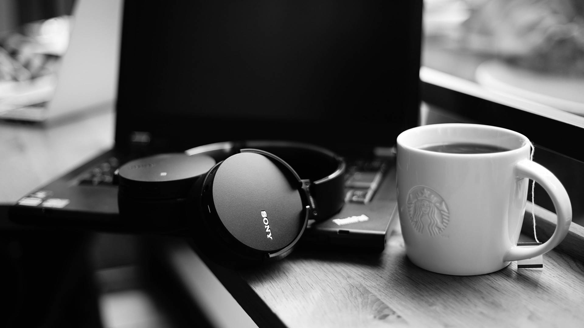 Starbucks, plain white mug, wooden desk, Full HD Desktop Wallpaper