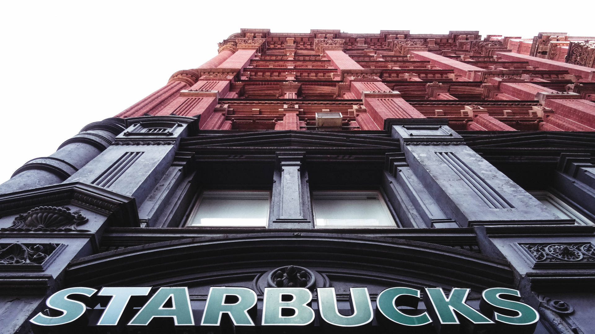 Starbucks, red brick building, ornate black trim, Full HD Desktop Wallpaper