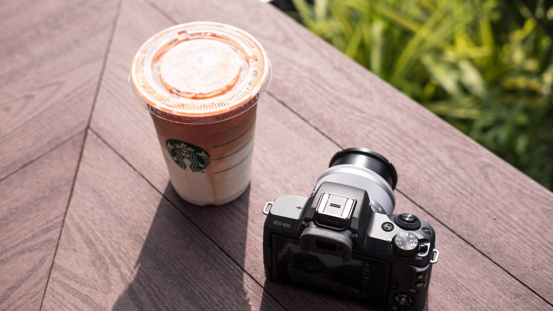 Starbucks, iced coffee cup, mirrorless camera, Full HD Desktop Wallpaper