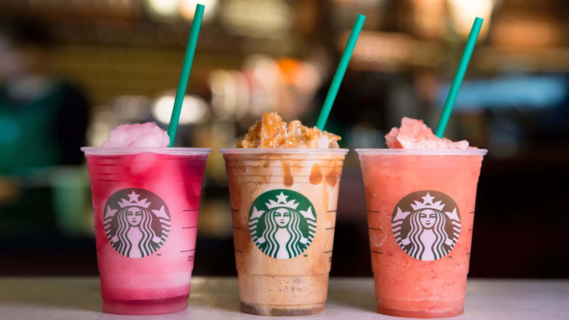 Starbucks, green straws, pink strawberry, Full HD Desktop Wallpaper