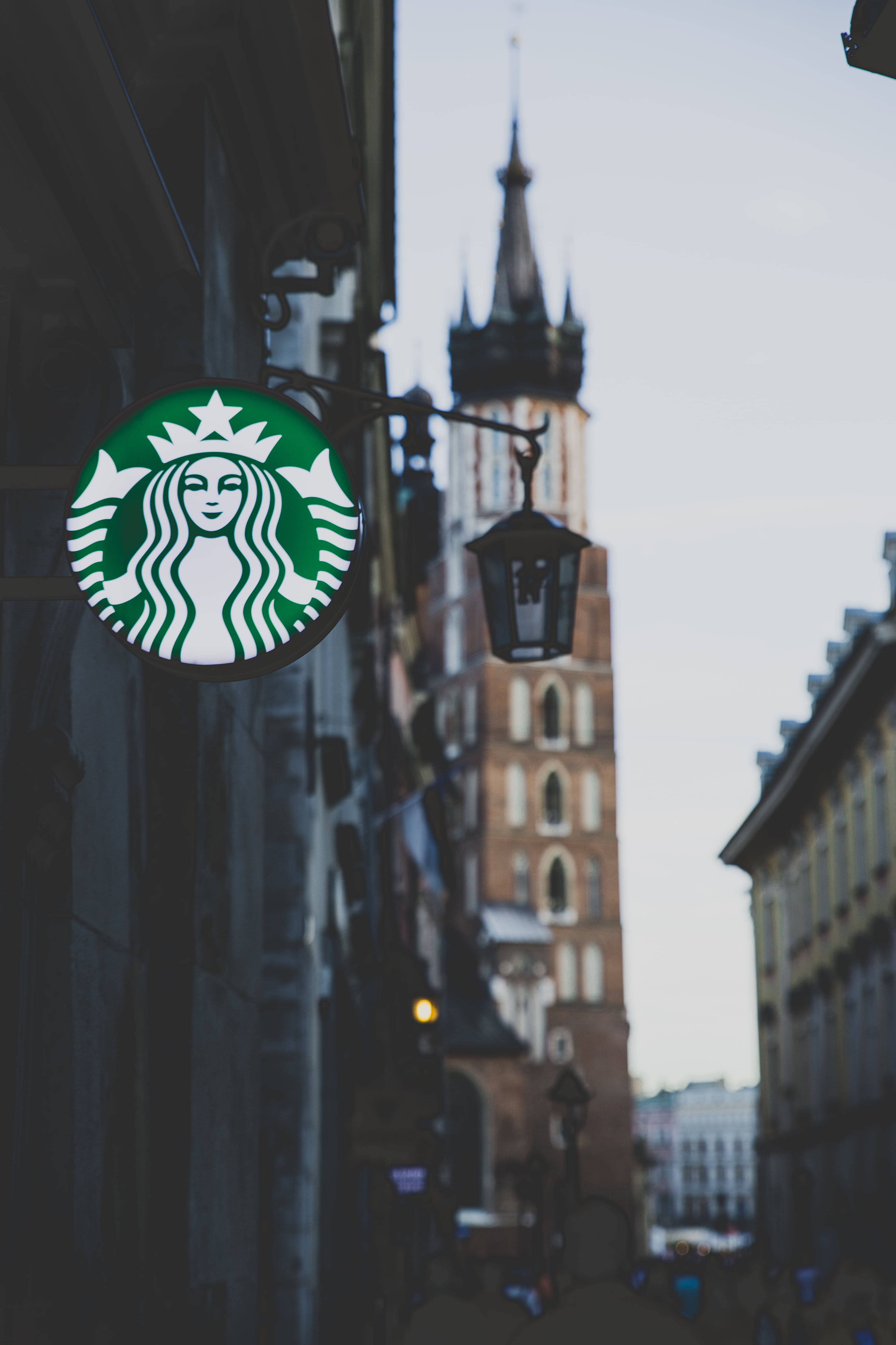 Starbucks logo, historic church tower, building, 5K Phone Wallpaper
