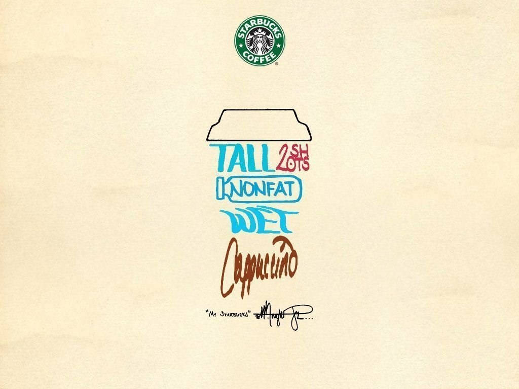 Starbucks, TALL 2 SHOTS NONFAT WET Cappuccino, handwritten text, SD Desktop Wallpaper