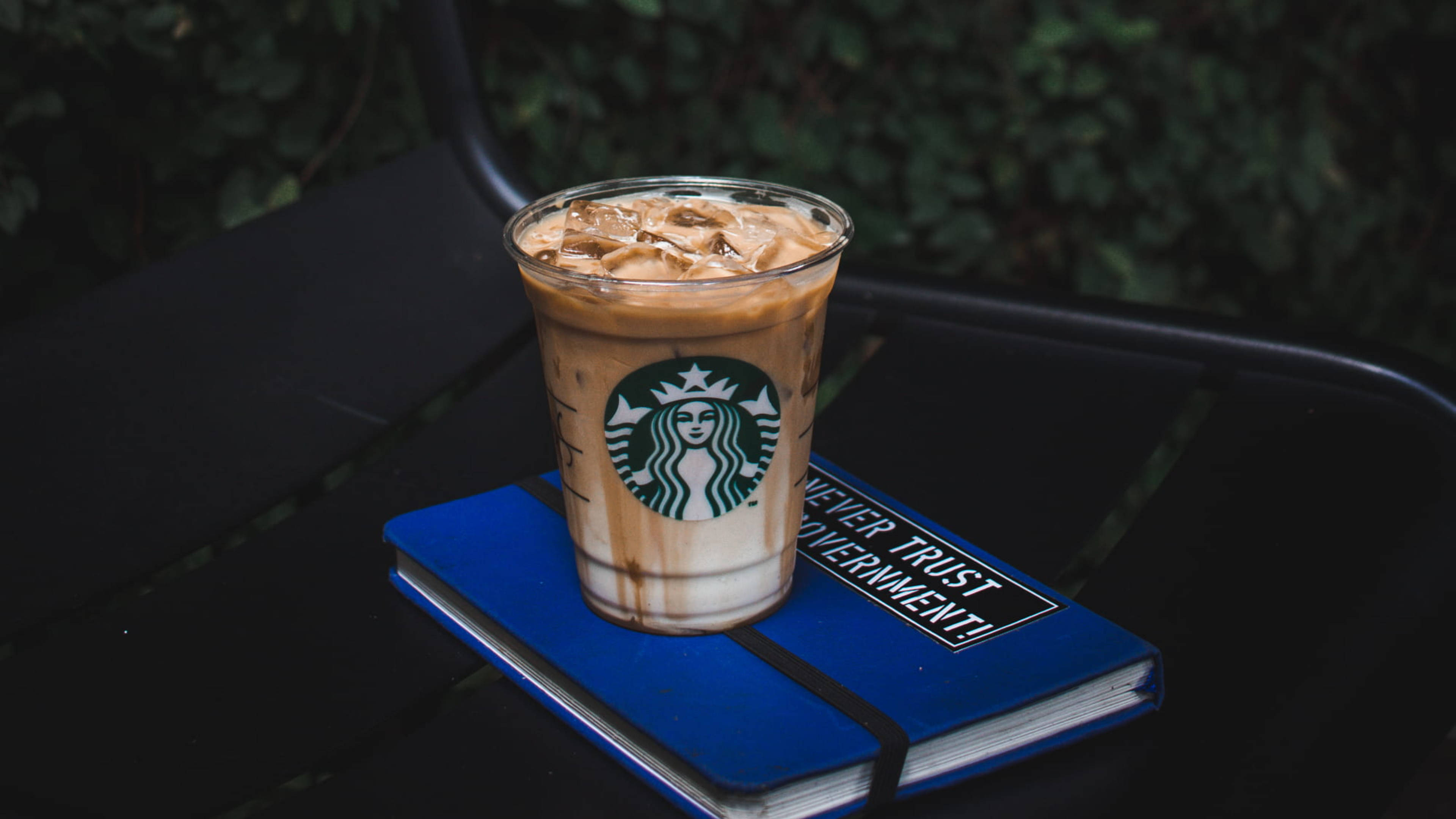 Starbucks, iced coffee, blue notebook, 4K Desktop Wallpaper