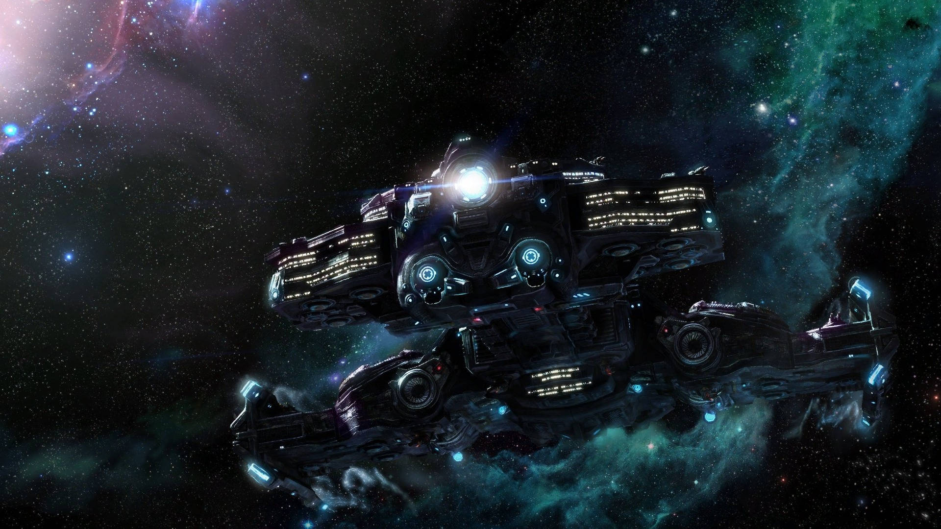 StarCraft 2, galaxy spaceships, glowing blue lights, Full HD Desktop Wallpaper