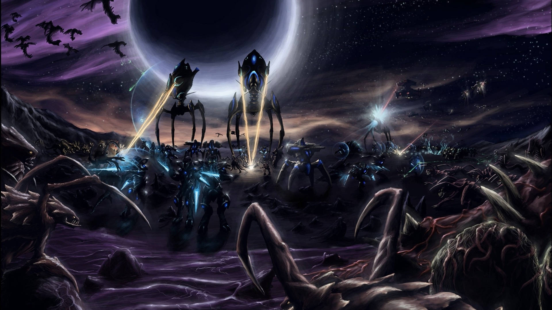 StarCraft 2, glowing blue weapons, purple alien battlefield, Full HD Desktop Wallpaper