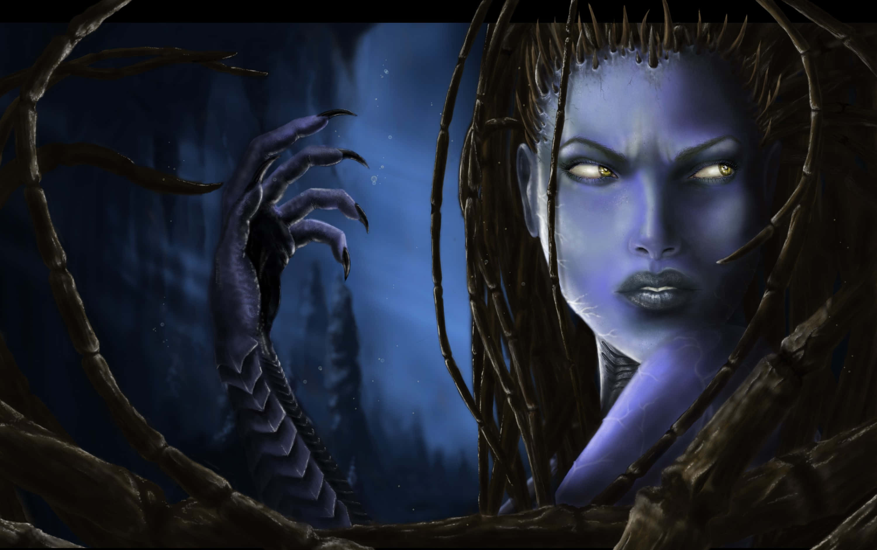 Starcraft, blue-skinned creature, glowing yellow eyes, 2K Desktop Wallpaper